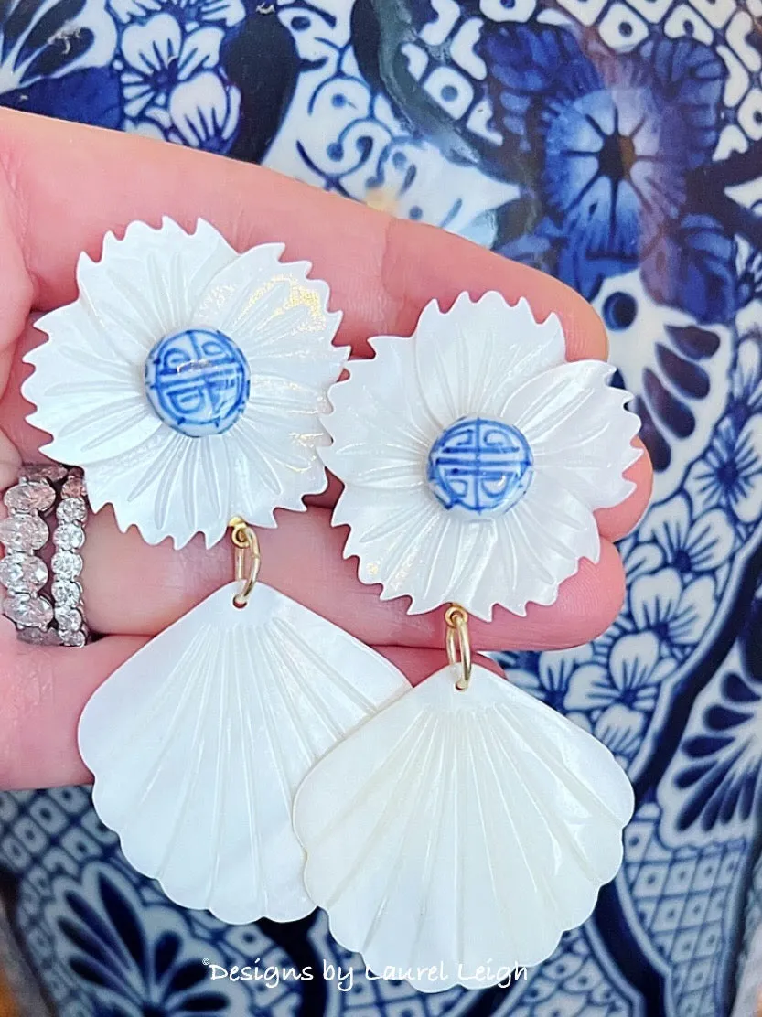 Chinoiserie Floral Pearl Shell Drop Earrings