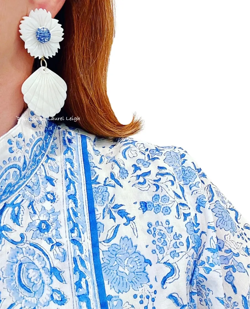 Chinoiserie Floral Pearl Shell Drop Earrings