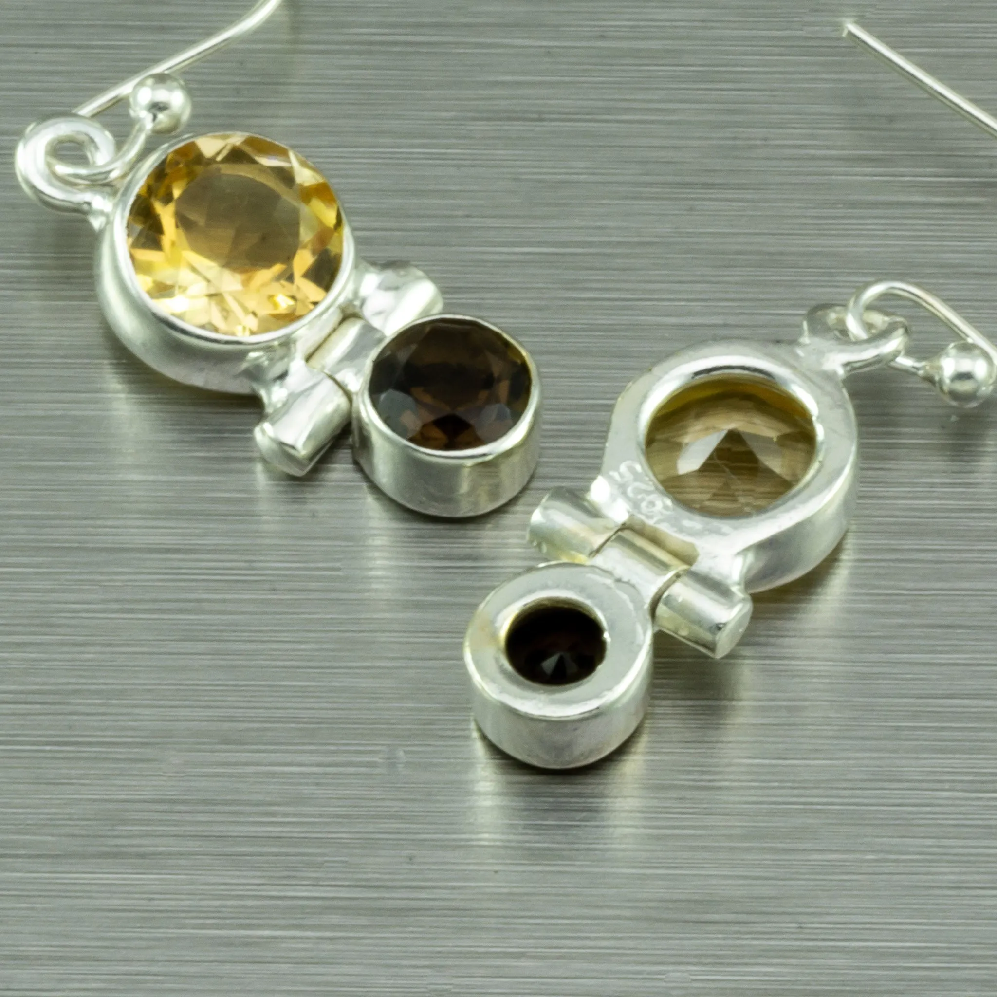 Citrine and Smokey Quartz Small Earrings. 92.5% Sterling Silver