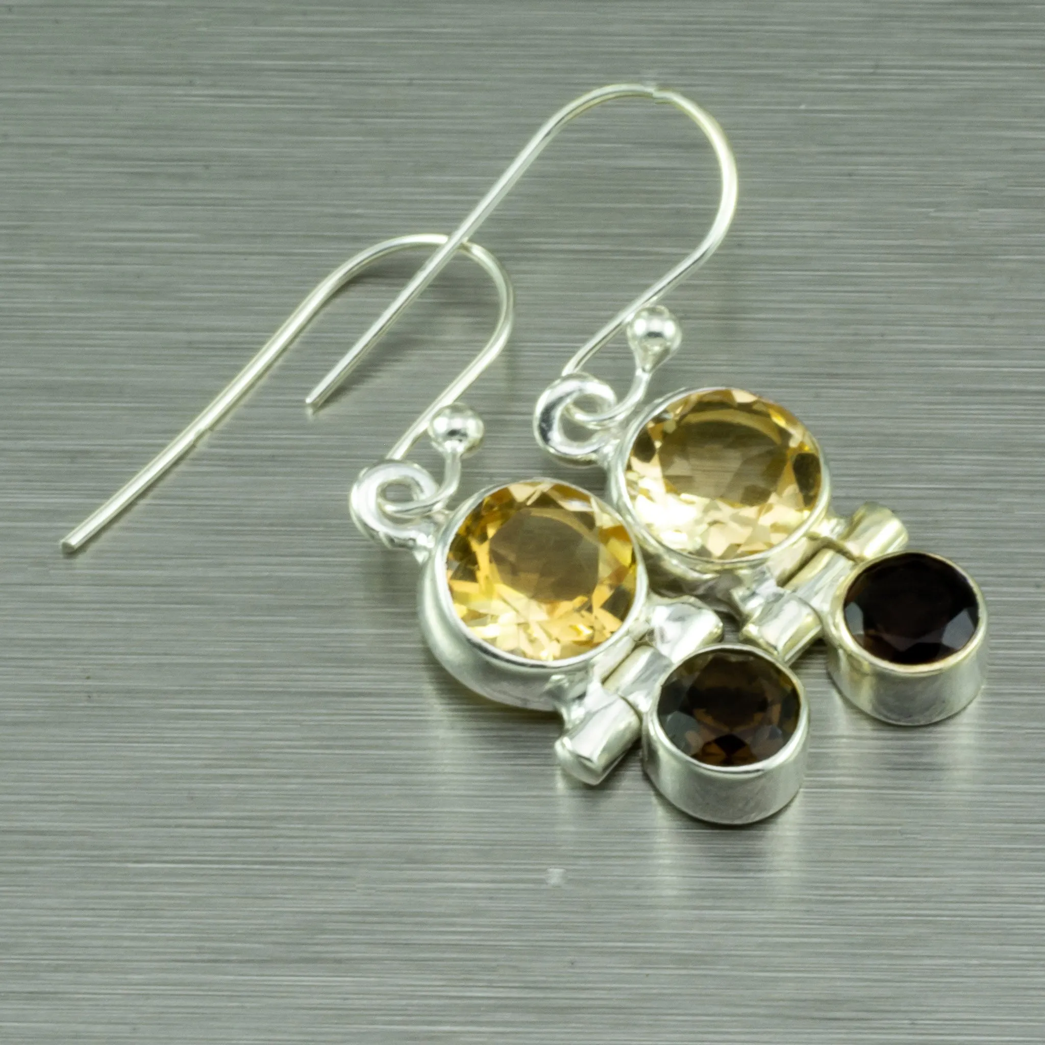 Citrine and Smokey Quartz Small Earrings. 92.5% Sterling Silver