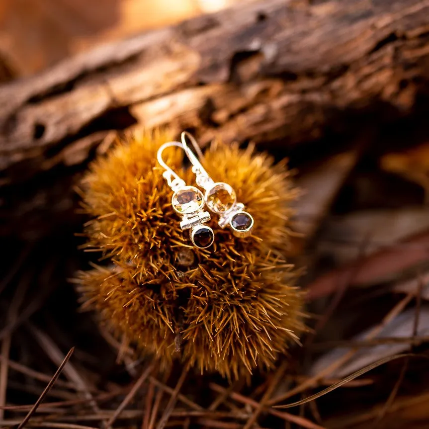 Citrine and Smokey Quartz Small Earrings. 92.5% Sterling Silver