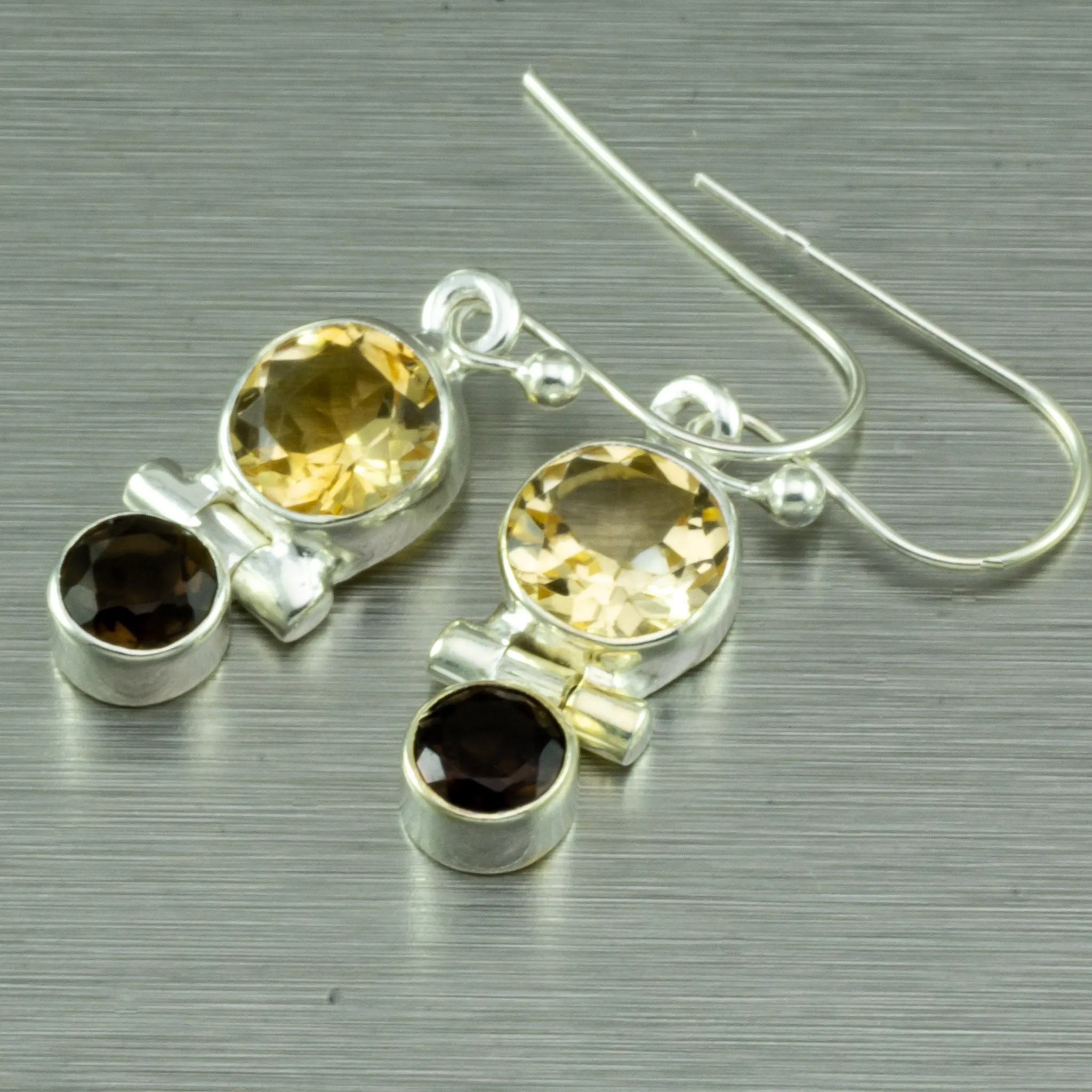 Citrine and Smokey Quartz Small Earrings. 92.5% Sterling Silver