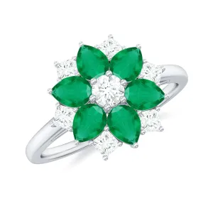 Cocktail Flower Ring with Emerald and Diamond