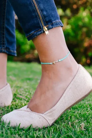 Cross anklet, turquoise cord, silver tone charm, Christian gift for her