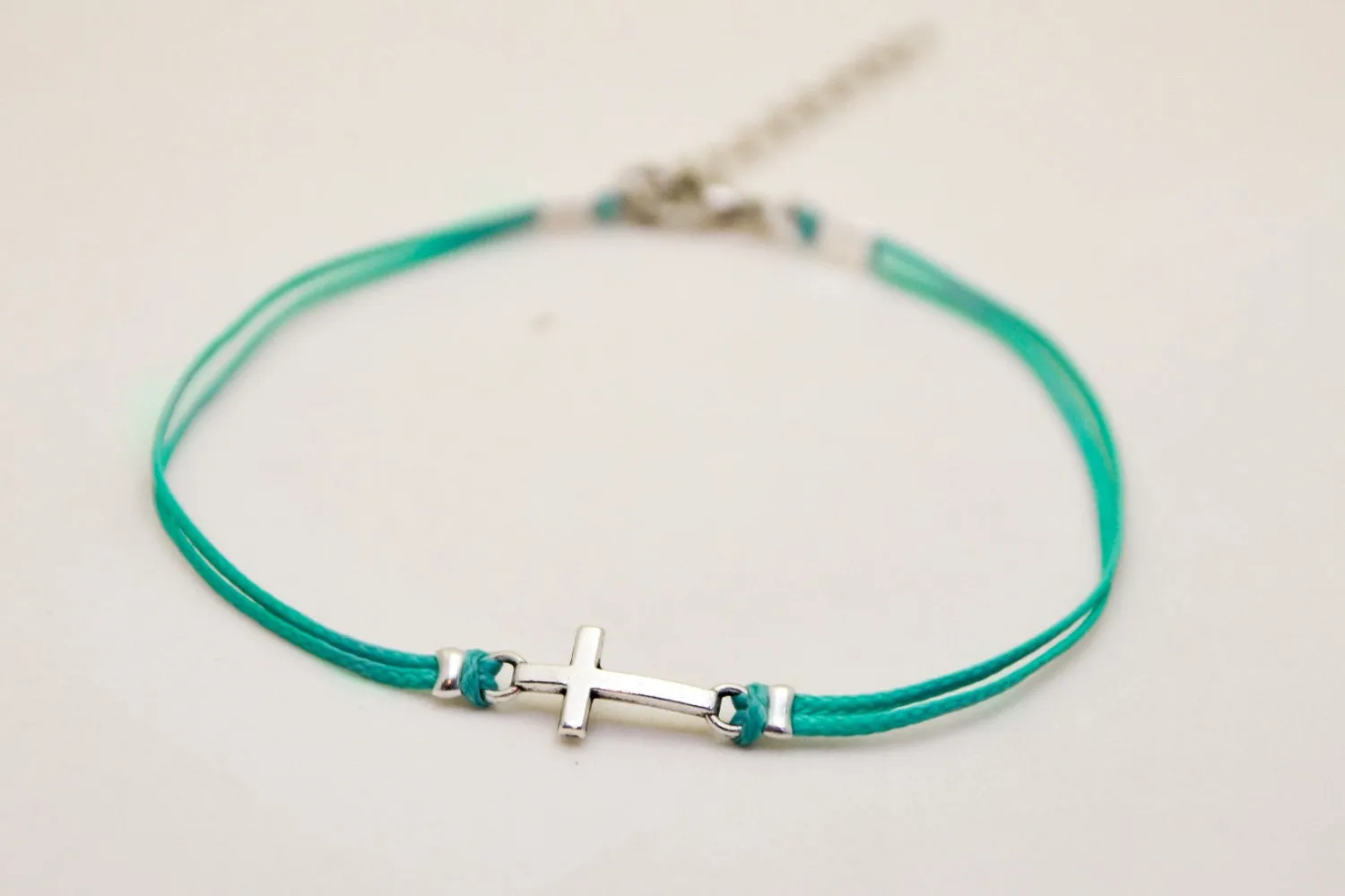Cross anklet, turquoise cord, silver tone charm, Christian gift for her