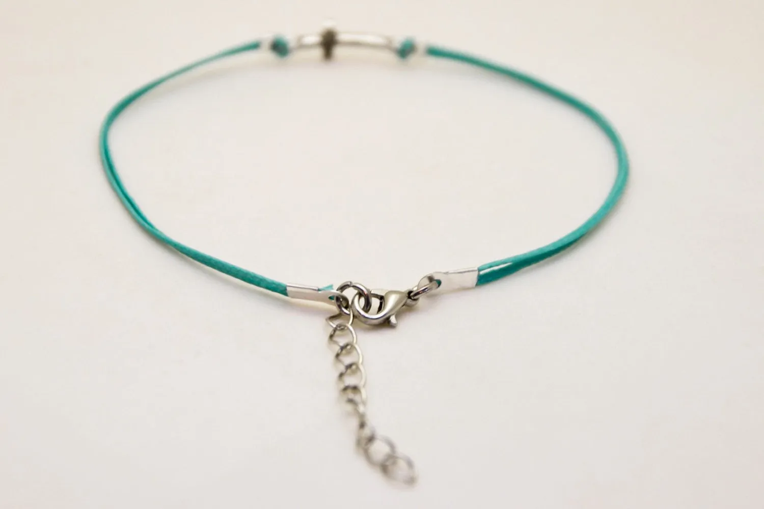 Cross anklet, turquoise cord, silver tone charm, Christian gift for her