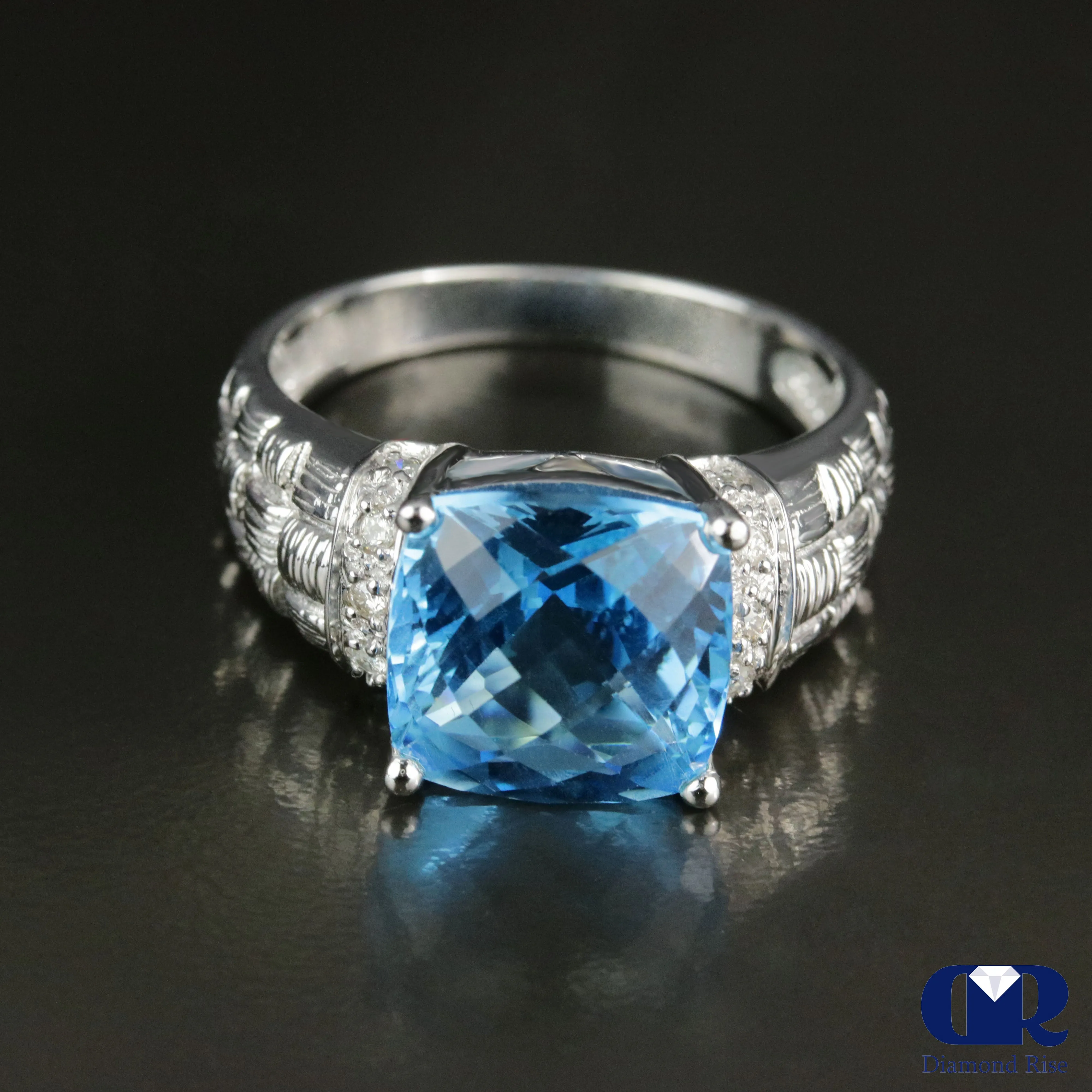 Cushion Cut Blue Topaz & Diamond Cocktail Ring & Right Hand Ring In 14K