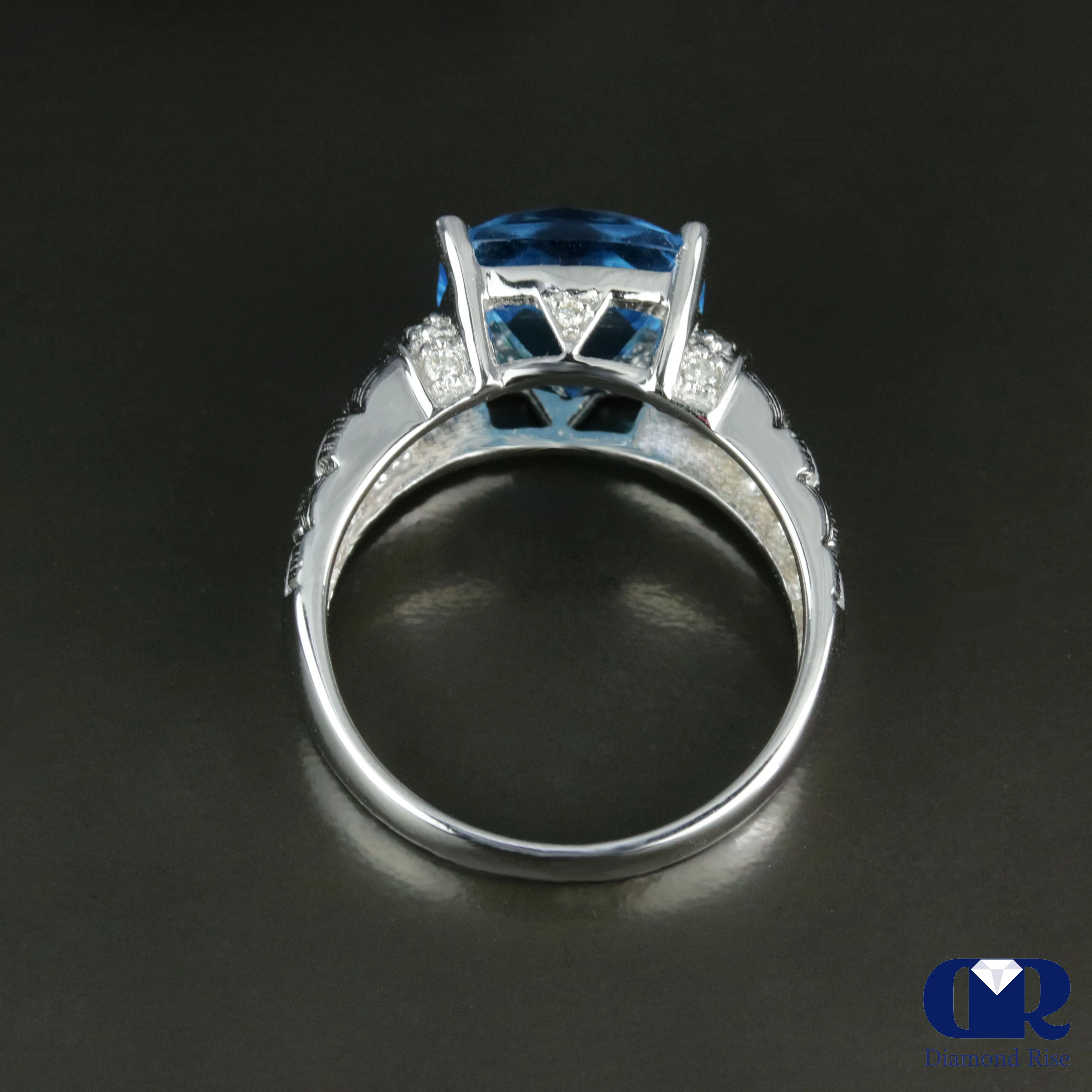 Cushion Cut Blue Topaz & Diamond Cocktail Ring & Right Hand Ring In 14K