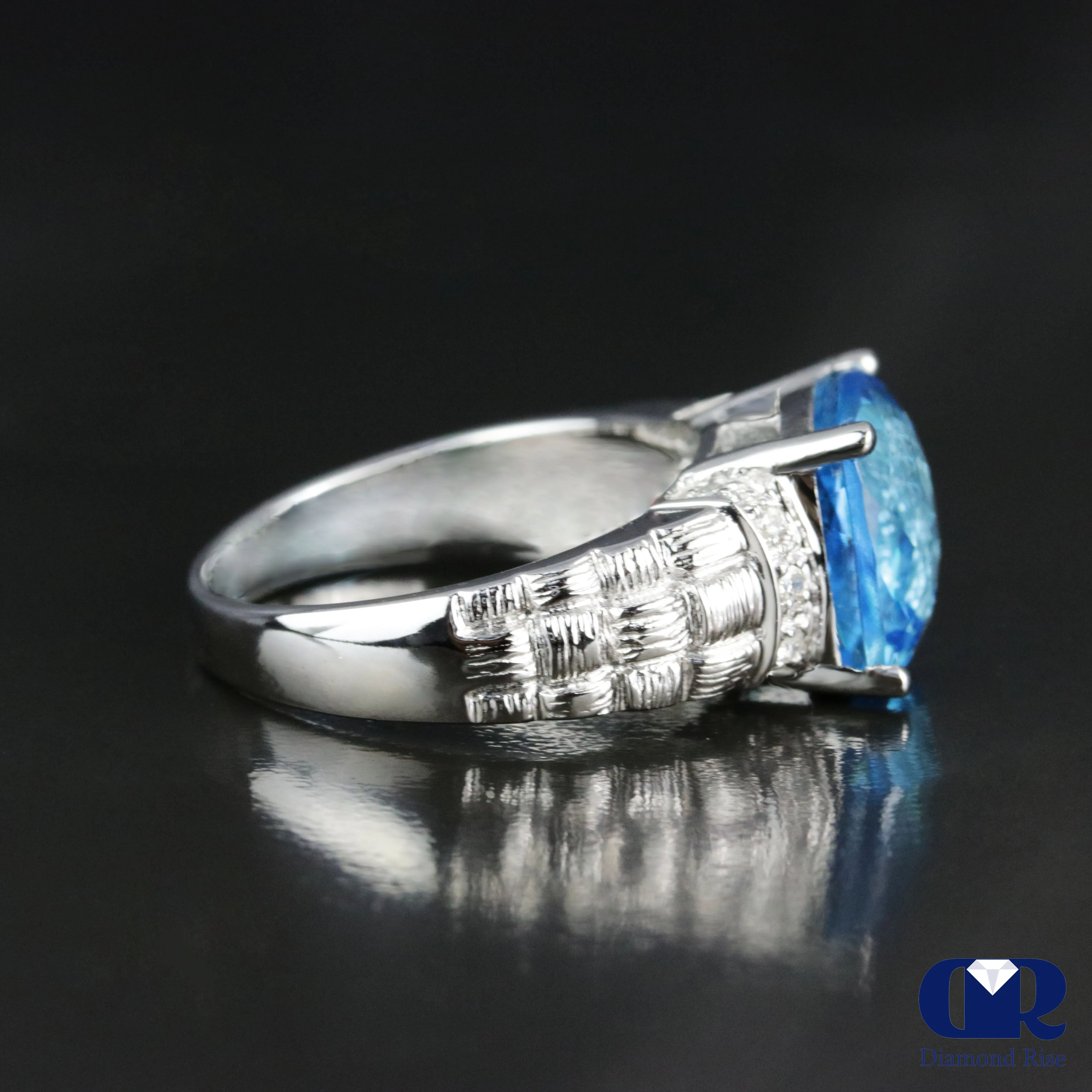Cushion Cut Blue Topaz & Diamond Cocktail Ring & Right Hand Ring In 14K