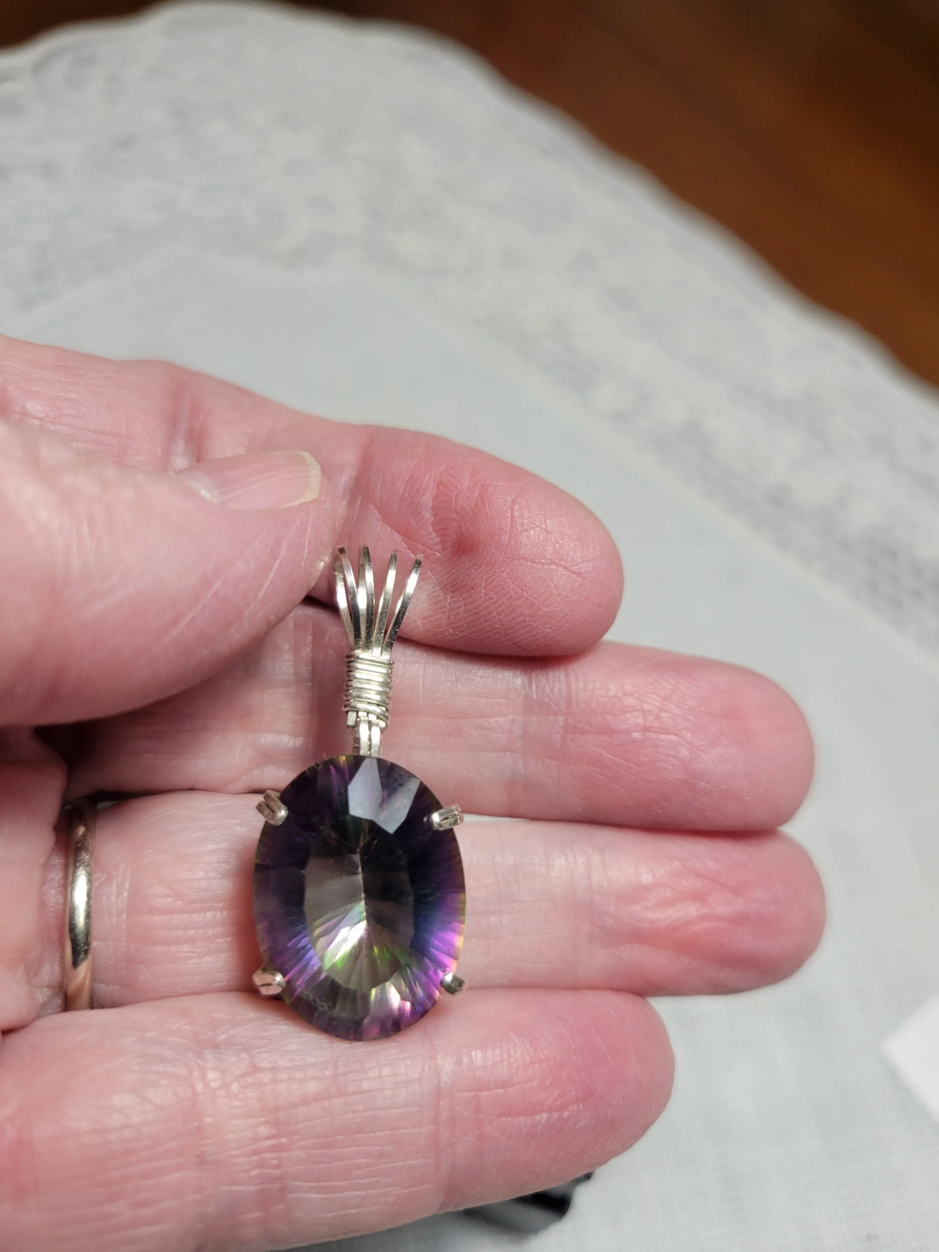 Custom Wire Wrapped Faceted Mystic Topaz Necklace/Pendant Sterling Silver