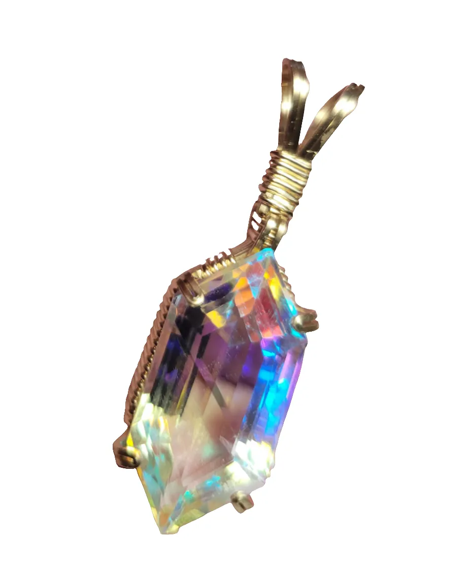 Custom Wire Wrapped Faceted Radiant Mystic Topaz 15 cts. Necklace/Pendant 14kgf