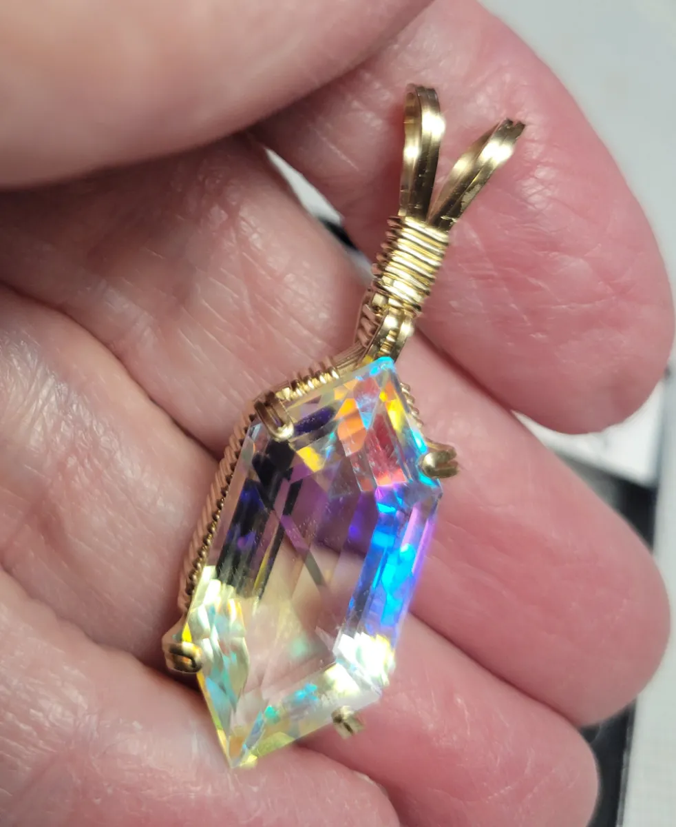 Custom Wire Wrapped Faceted Radiant Mystic Topaz 15 cts. Necklace/Pendant 14kgf