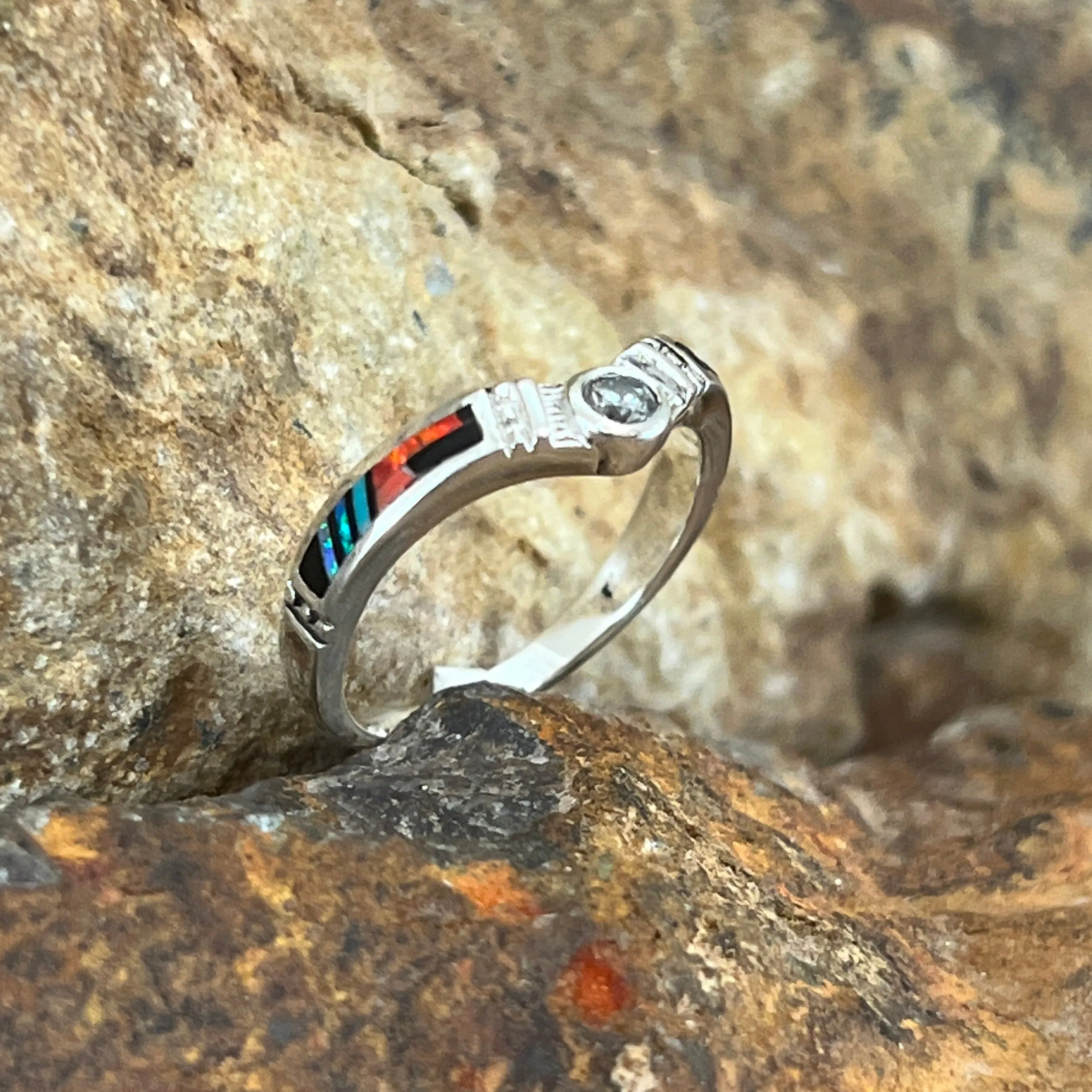 David Rosales Red Moon Fancy Inlaid Sterling Silver Ring w/ CZ