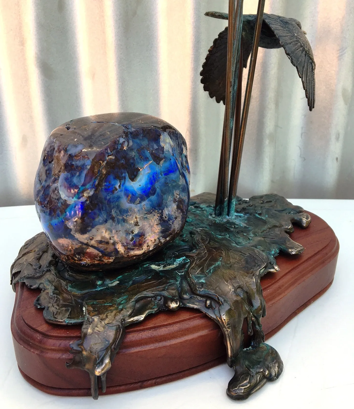 Deep Blue Boulder Opal with Bronze Scarlet Honey Eater in Flight