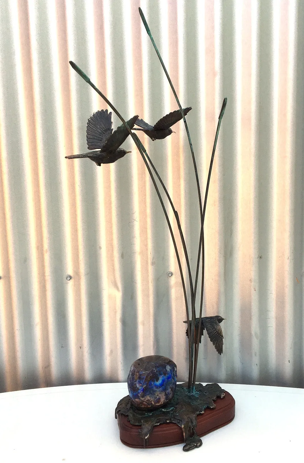 Deep Blue Boulder Opal with Bronze Scarlet Honey Eater in Flight