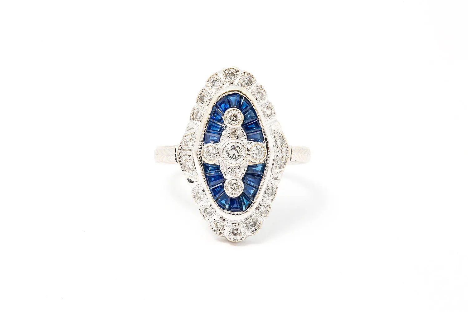 Diamond & Sapphire 18k 750 White Gold Cocktail Ring Size 6