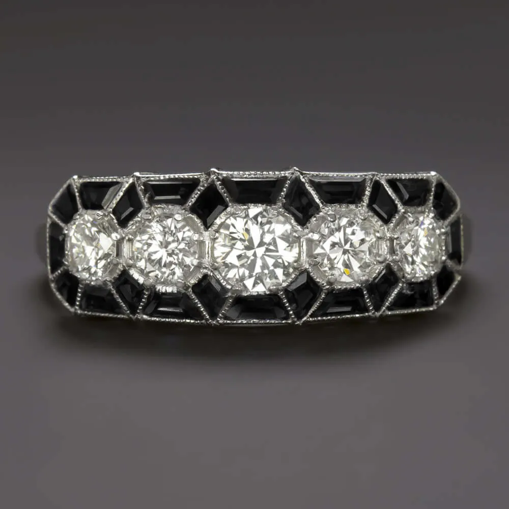 DIAMOND BLACK ONYX VINTAGE STYLE RING ART DECO GEOMETRIC COCKTAIL 14k WHITE GOLD