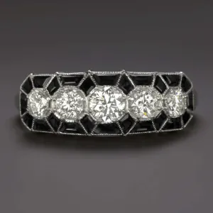 DIAMOND BLACK ONYX VINTAGE STYLE RING ART DECO GEOMETRIC COCKTAIL 14k WHITE GOLD