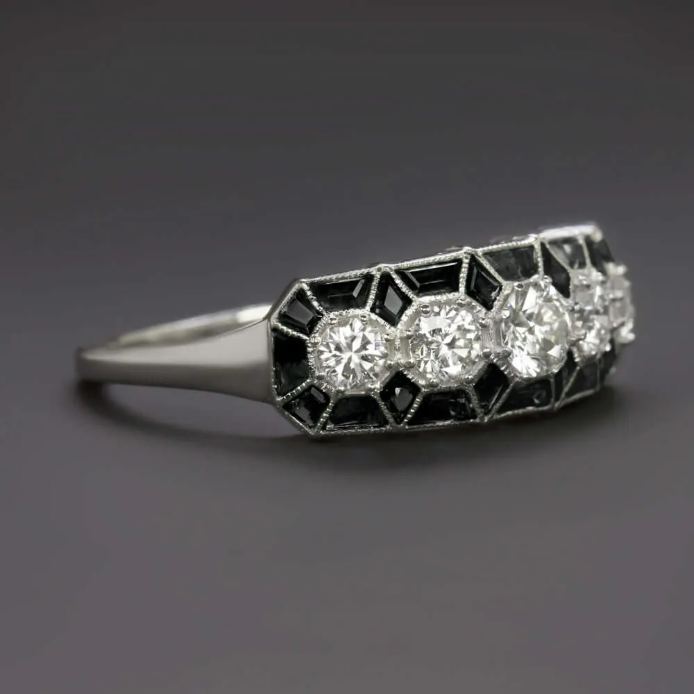 DIAMOND BLACK ONYX VINTAGE STYLE RING ART DECO GEOMETRIC COCKTAIL 14k WHITE GOLD