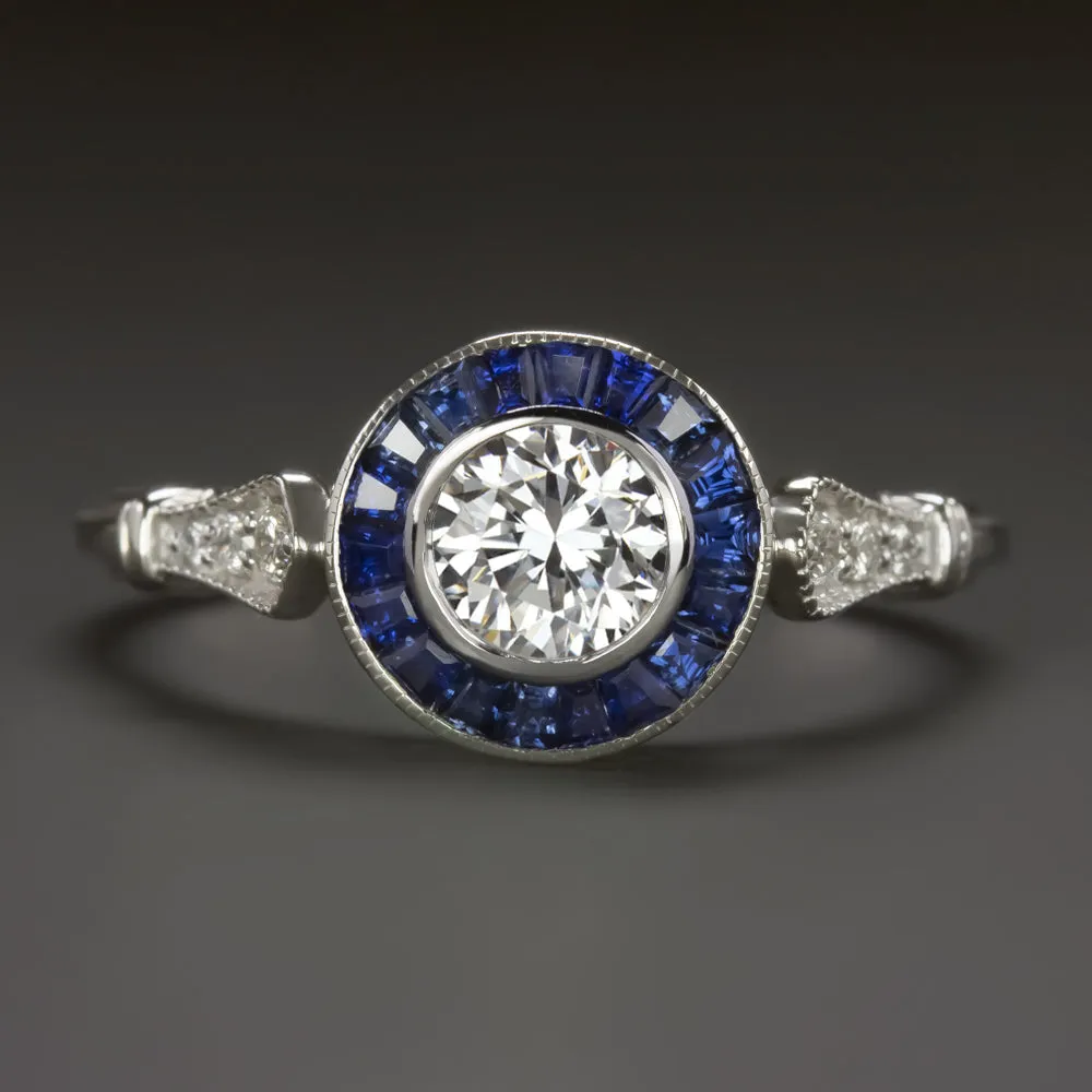 DIAMOND SAPPHIRE HALO ENGAGEMENT RING F VS2 VINTAGE STYLE ART DECO TARGET ROUND