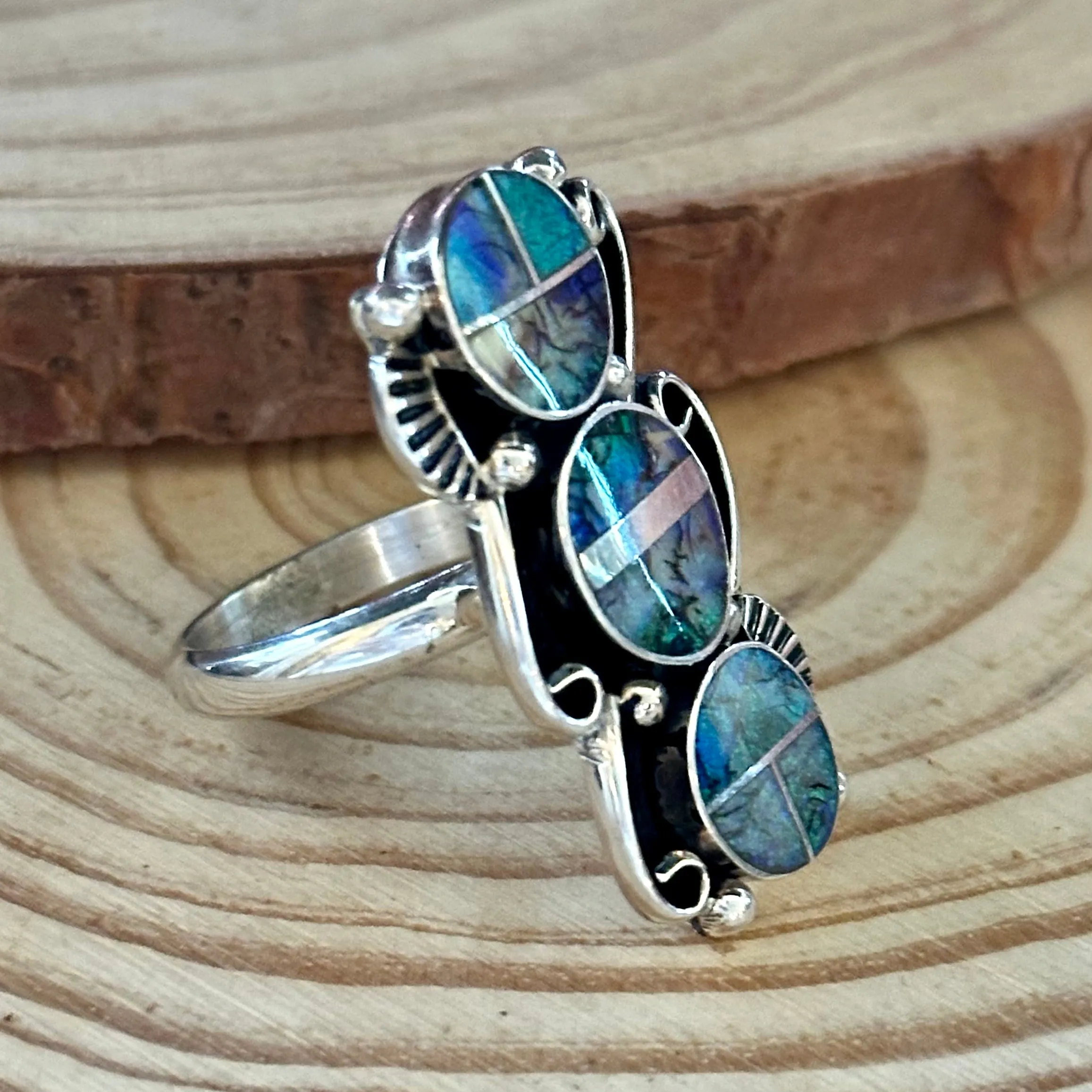 DRAGON TAILS Sterling Silver and Spiderweb Opal Inlay Ring Alice Mc Shirley • Size Adjustable