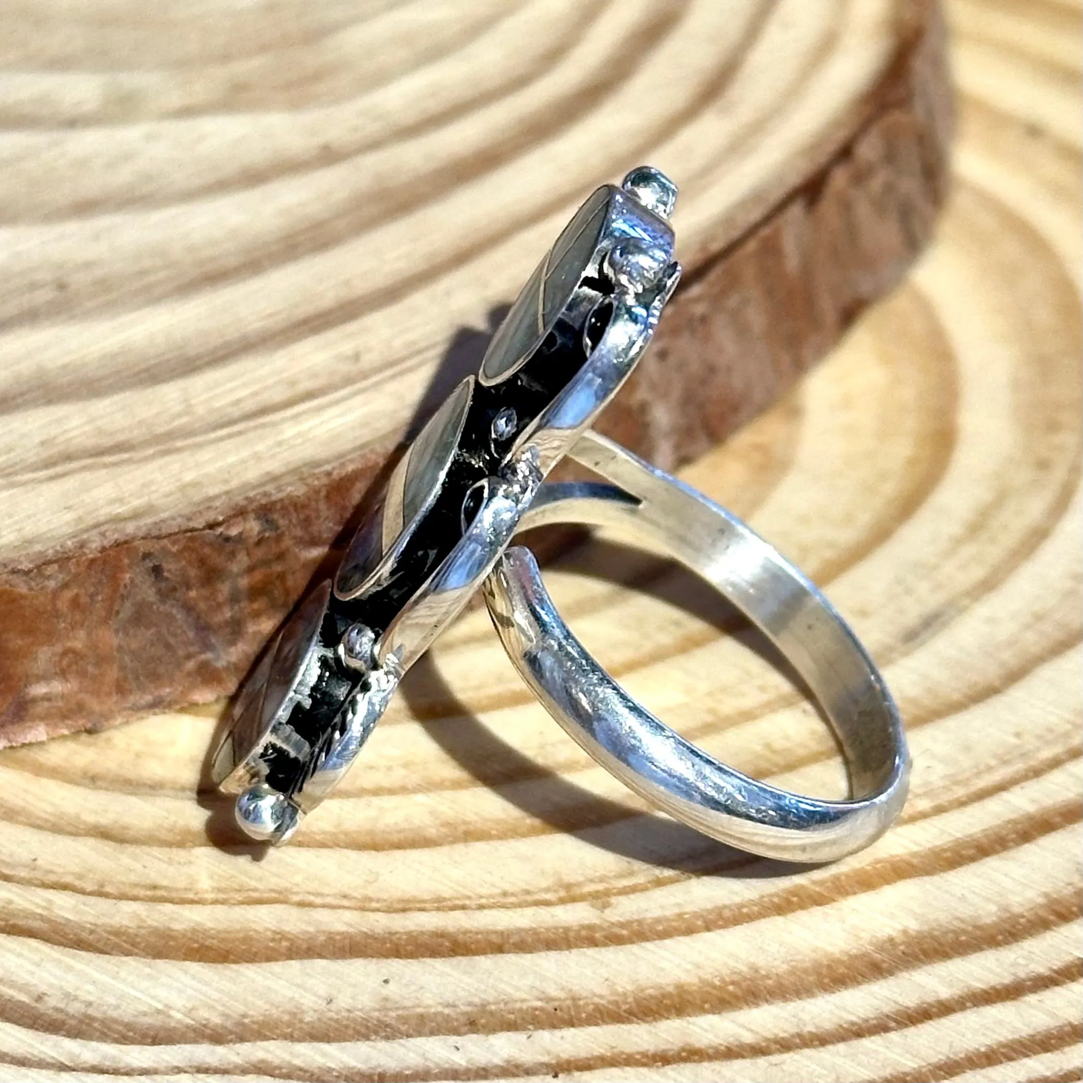 DRAGON TAILS Sterling Silver and Spiderweb Opal Inlay Ring Alice Mc Shirley • Size Adjustable