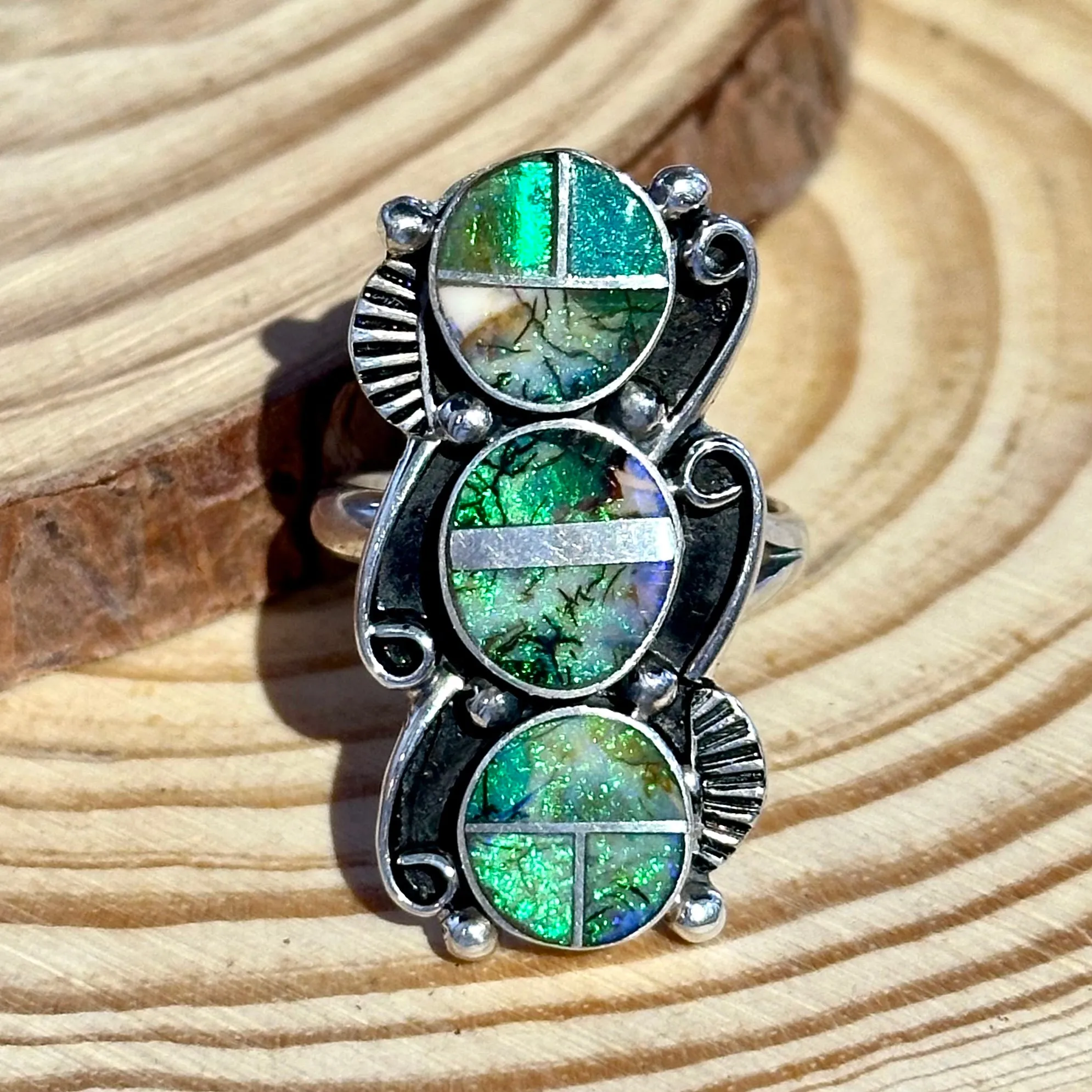 DRAGON TAILS Sterling Silver and Spiderweb Opal Inlay Ring Alice Mc Shirley • Size Adjustable