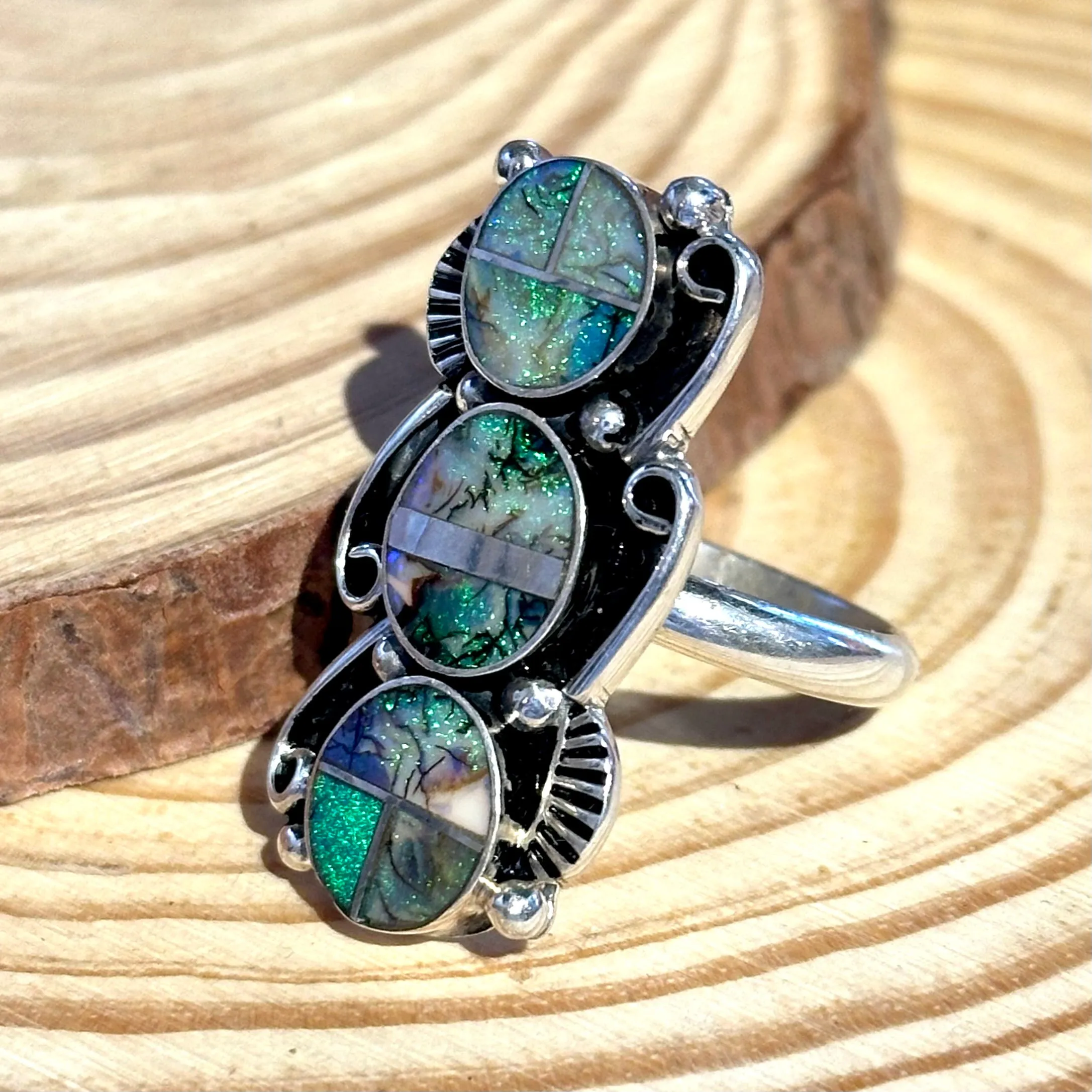 DRAGON TAILS Sterling Silver and Spiderweb Opal Inlay Ring Alice Mc Shirley • Size Adjustable