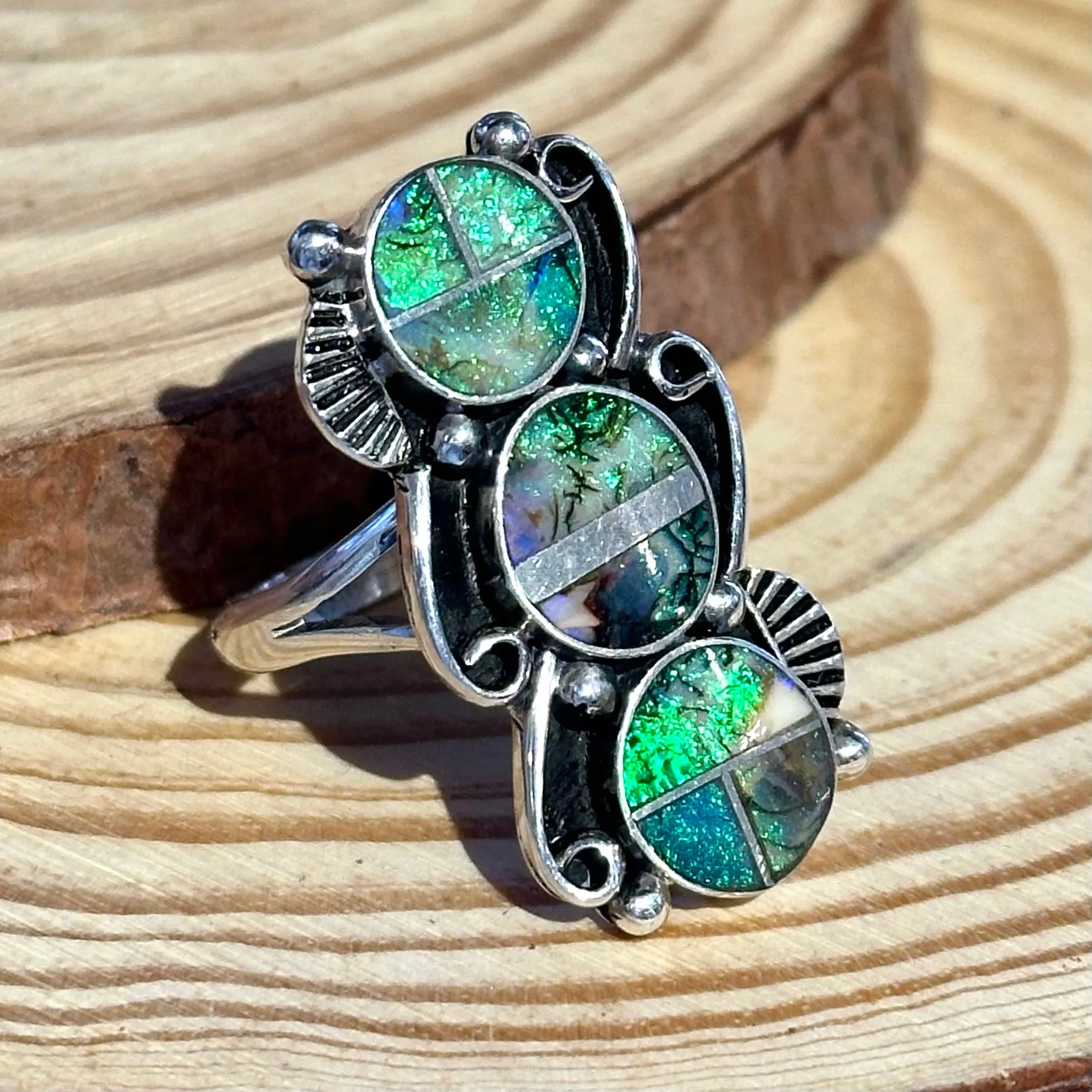 DRAGON TAILS Sterling Silver and Spiderweb Opal Inlay Ring Alice Mc Shirley • Size Adjustable