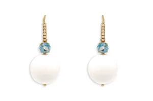 Earrings 18kt Gold Blue Topaz & White Onyx with Diamonds