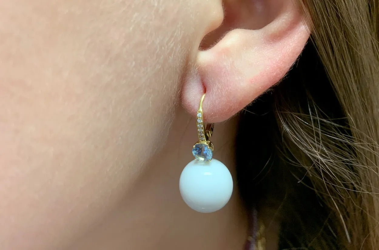 Earrings 18kt Gold Blue Topaz & White Onyx with Diamonds