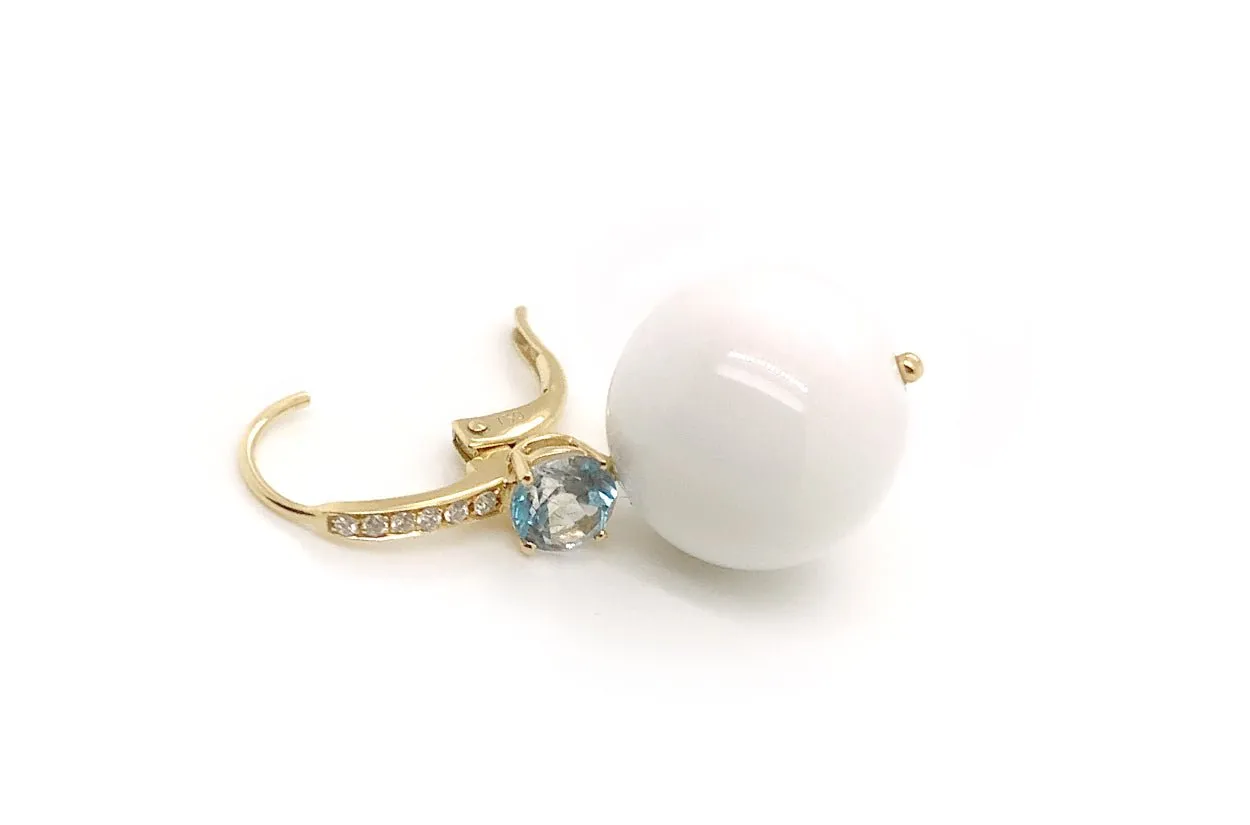 Earrings 18kt Gold Blue Topaz & White Onyx with Diamonds