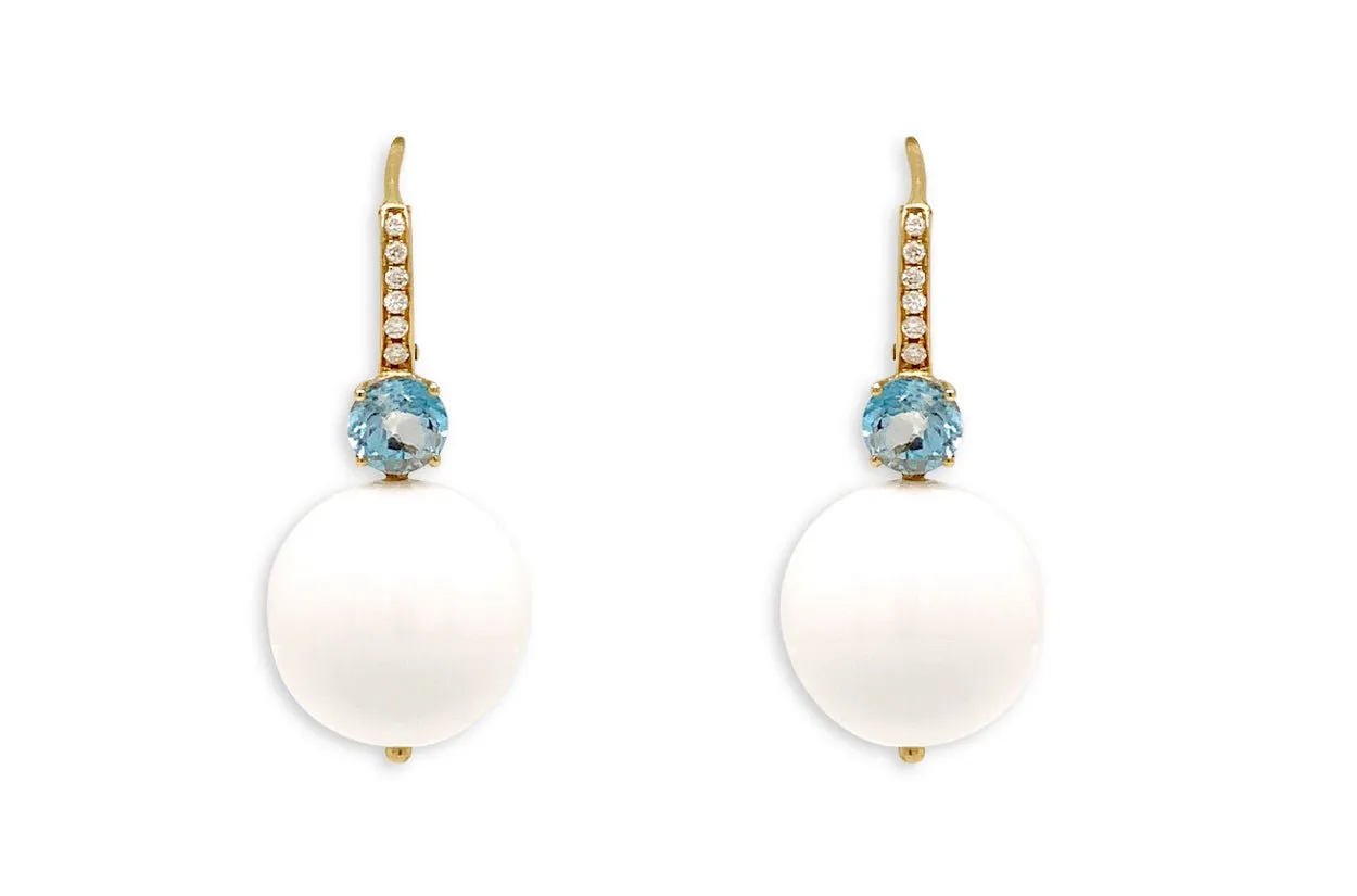 Earrings 18kt Gold Blue Topaz & White Onyx with Diamonds