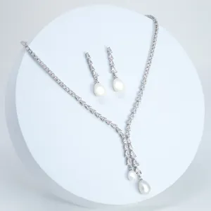 Elegant 2 Pearl Drops V Necklace Set, Dainty Bridal Jewelry Set, Gift For Her, Bridesmaid, Minimalist CZ Jewelry