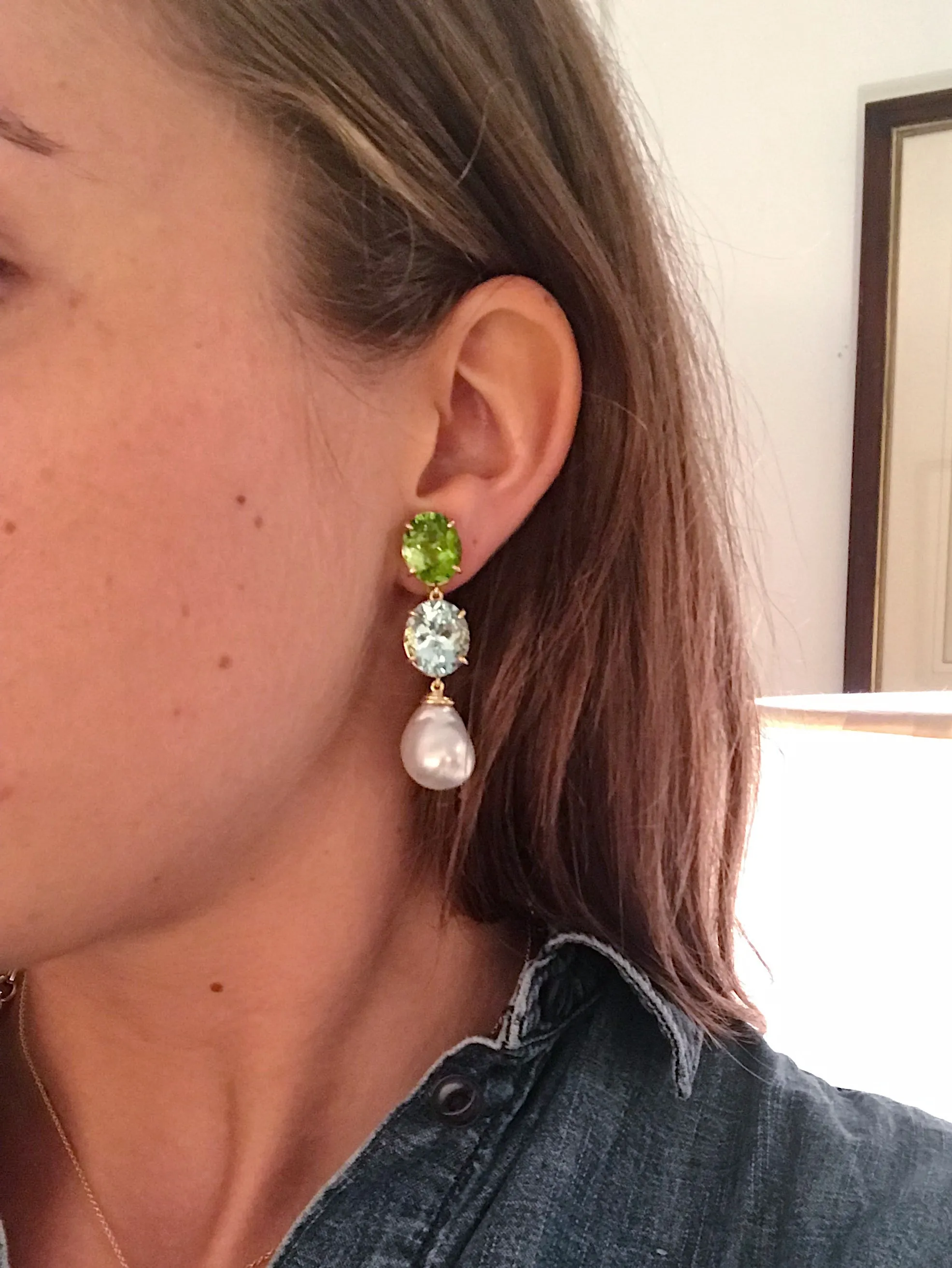 Elegant Three-Stone Drop Earring with Pink Topaz and Baroque Pearl
