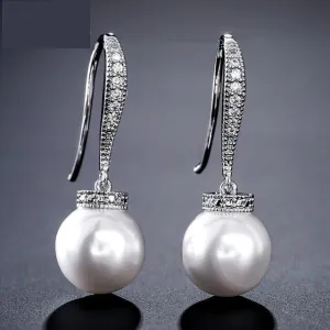 Fashion Round Simulated Pearl & Zirconia Long Drop Earrings Bridal Wedding Jewelry
