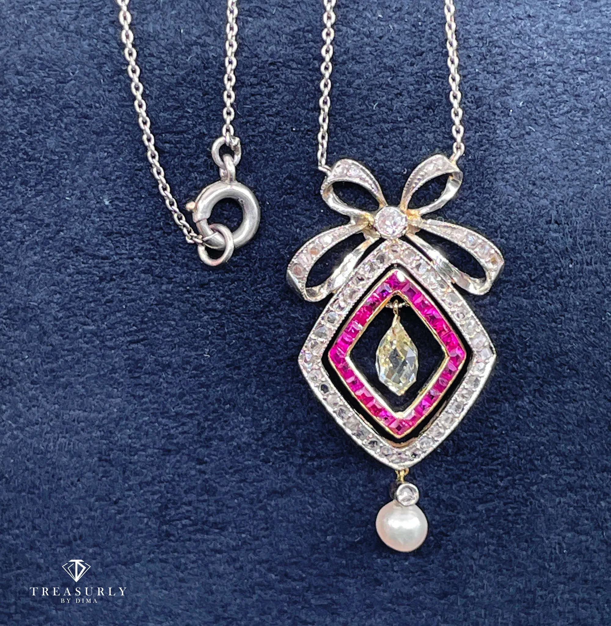 Fine GIA Natural Saltwater Pearl Ruby & Diamond Antique Edwardian Belle Époque Bow LAVALIÈRE Platinum Gold Necklace