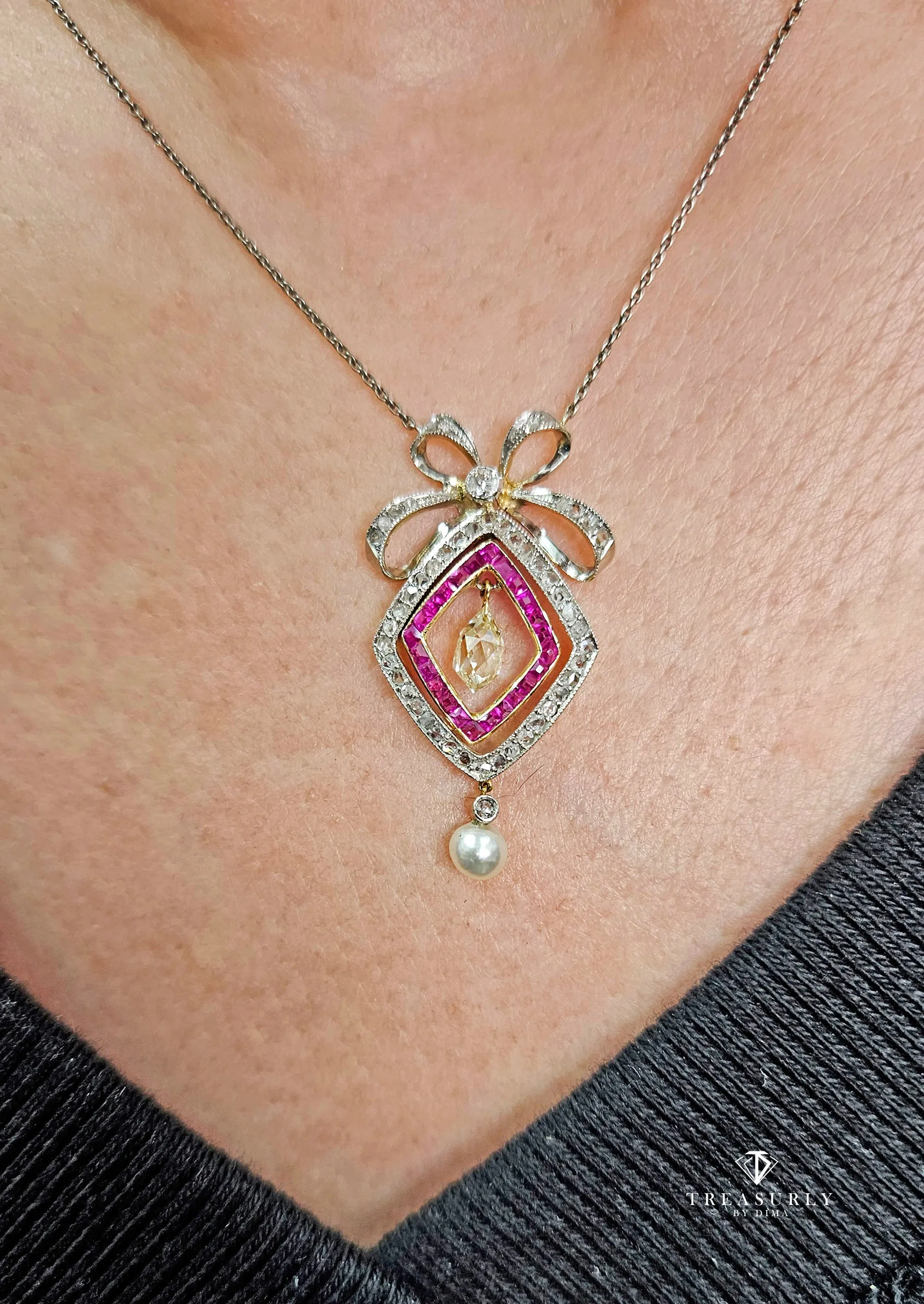 Fine GIA Natural Saltwater Pearl Ruby & Diamond Antique Edwardian Belle Époque Bow LAVALIÈRE Platinum Gold Necklace