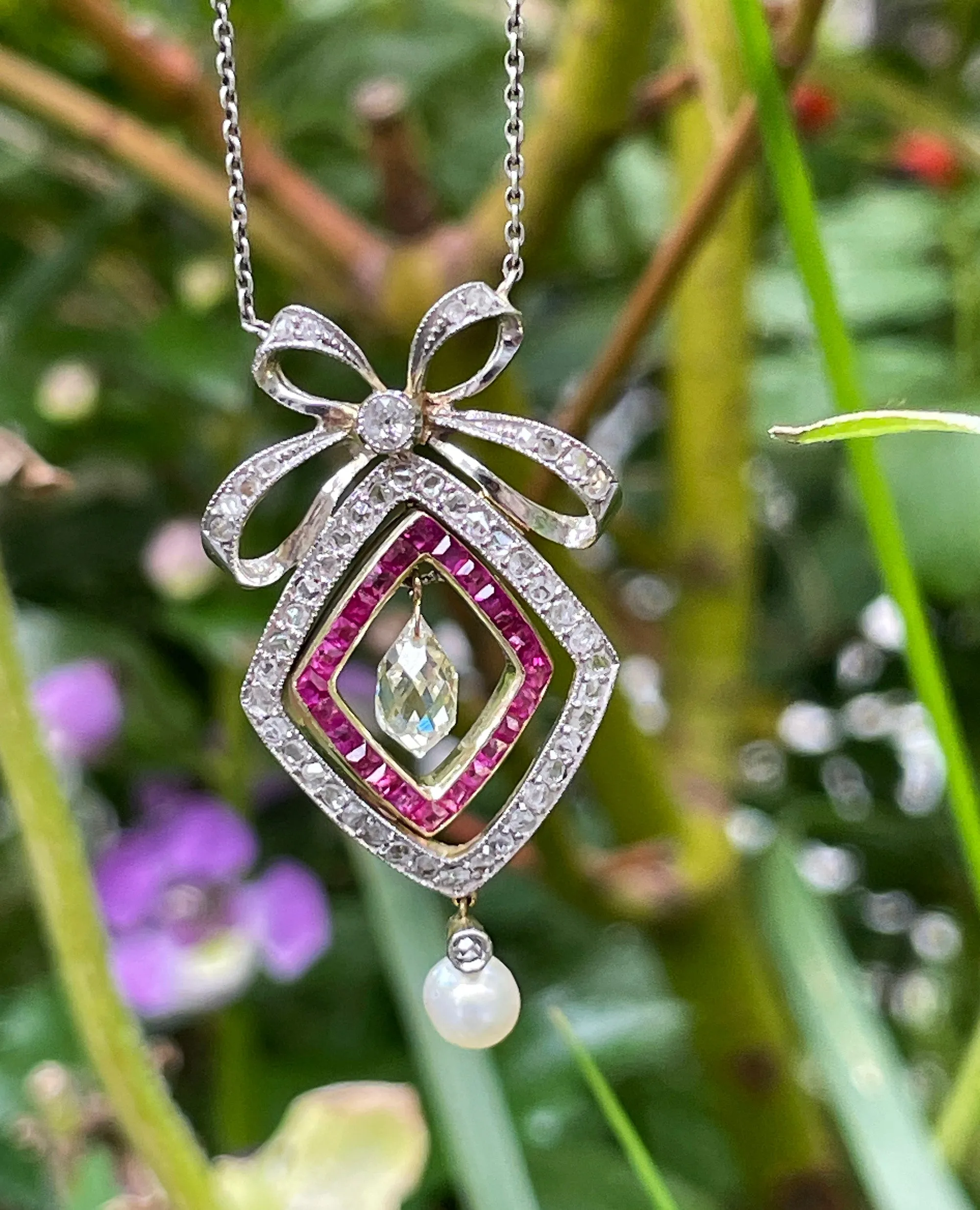 Fine GIA Natural Saltwater Pearl Ruby & Diamond Antique Edwardian Belle Époque Bow LAVALIÈRE Platinum Gold Necklace