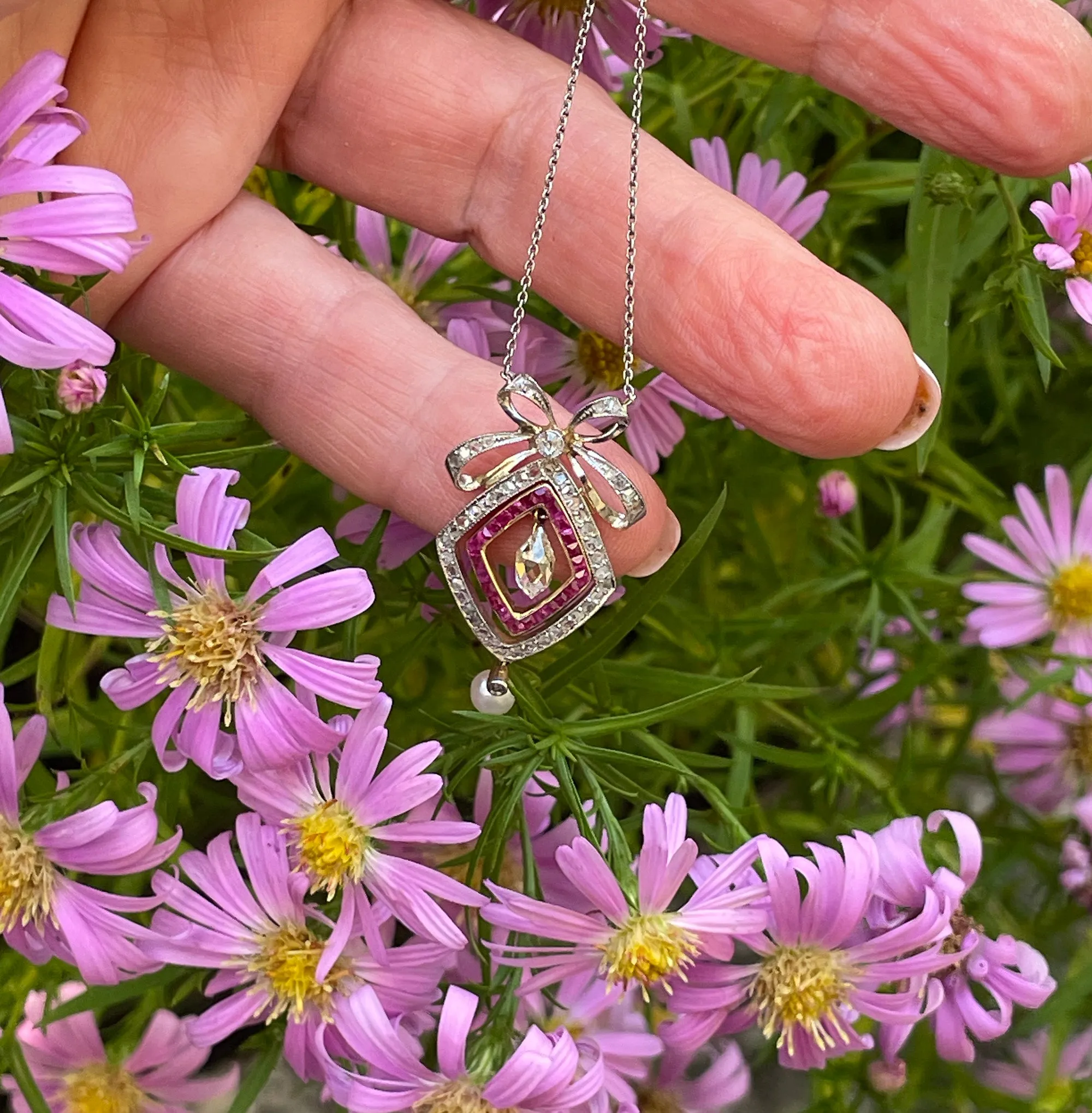 Fine GIA Natural Saltwater Pearl Ruby & Diamond Antique Edwardian Belle Époque Bow LAVALIÈRE Platinum Gold Necklace