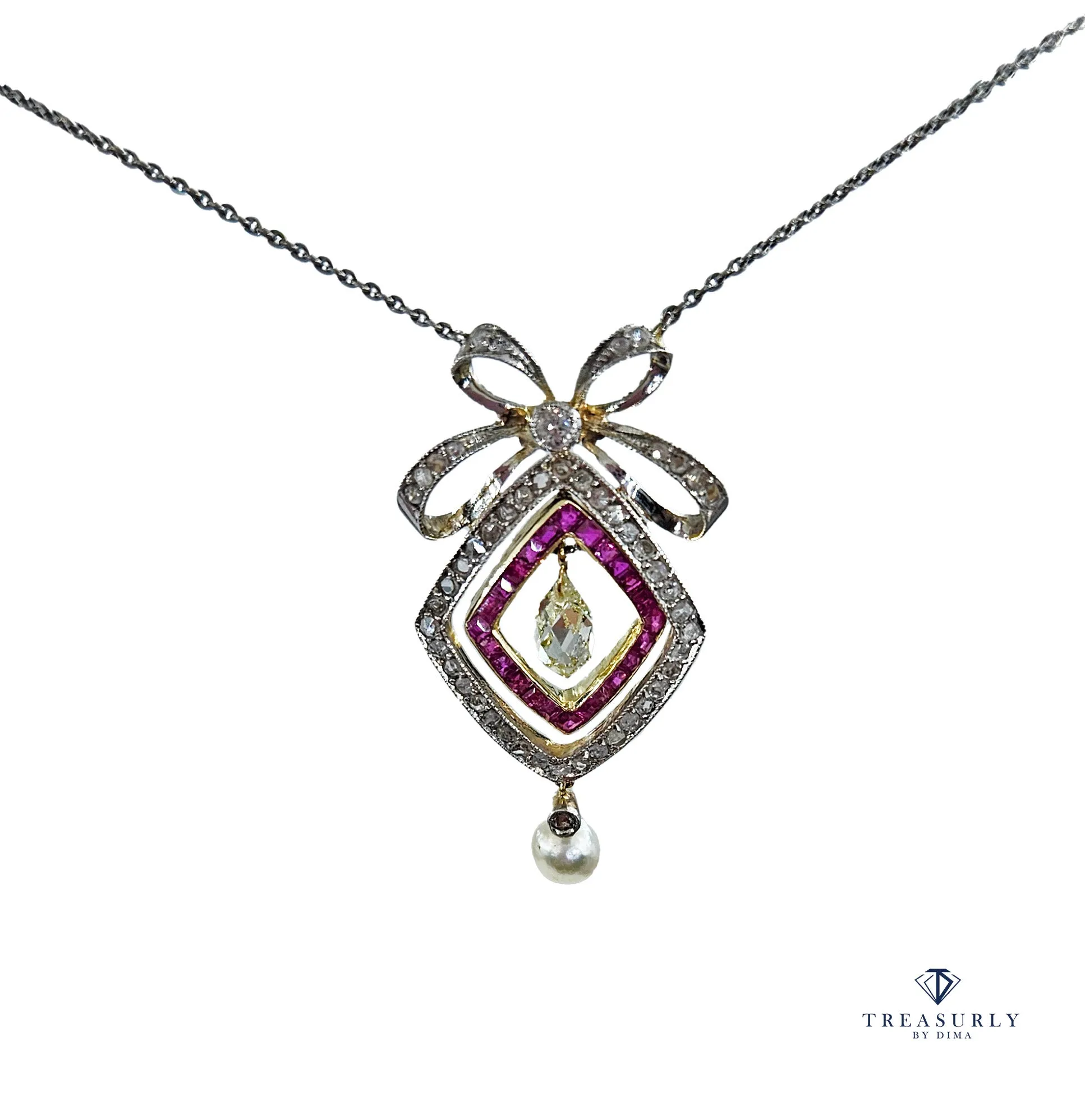 Fine GIA Natural Saltwater Pearl Ruby & Diamond Antique Edwardian Belle Époque Bow LAVALIÈRE Platinum Gold Necklace