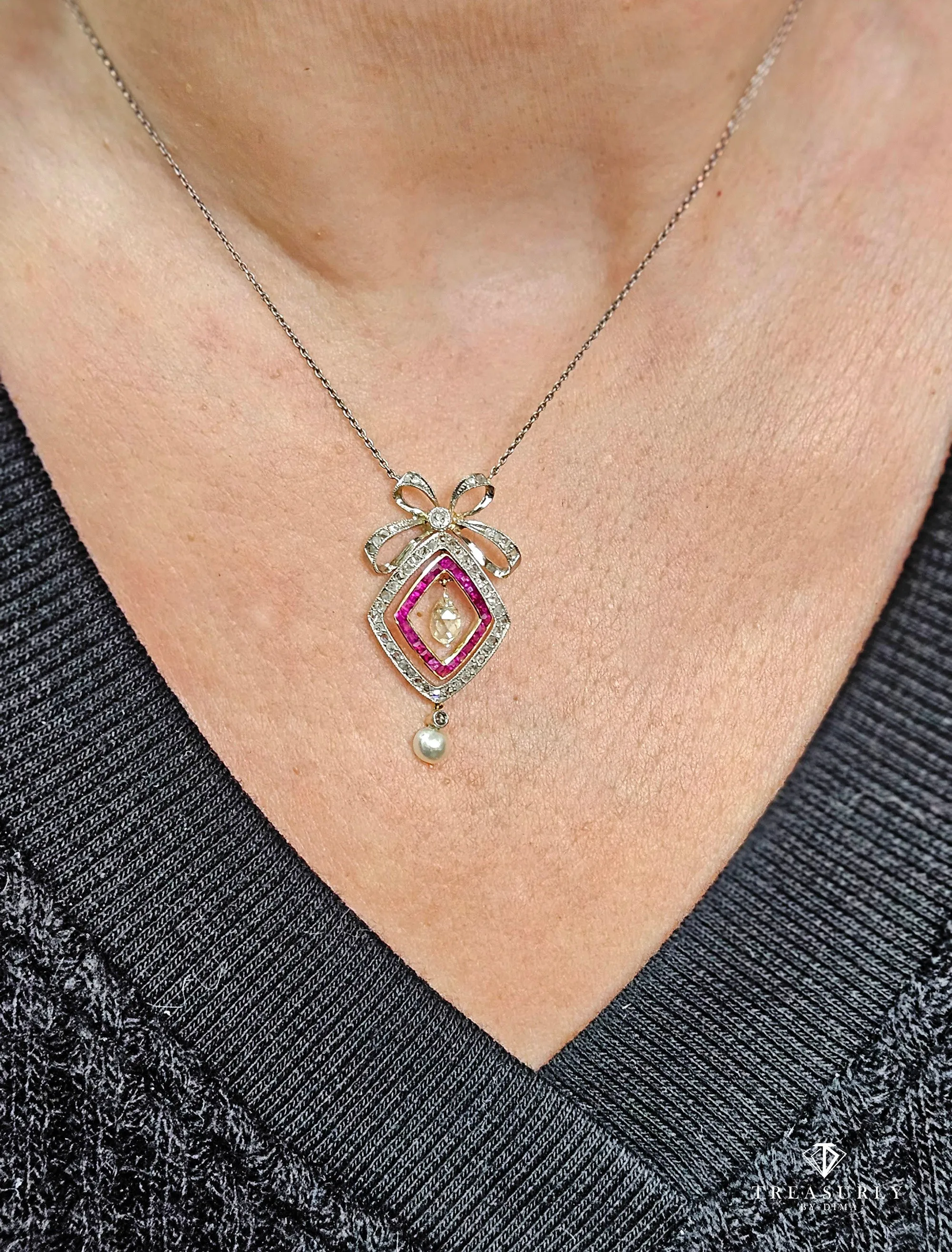 Fine GIA Natural Saltwater Pearl Ruby & Diamond Antique Edwardian Belle Époque Bow LAVALIÈRE Platinum Gold Necklace