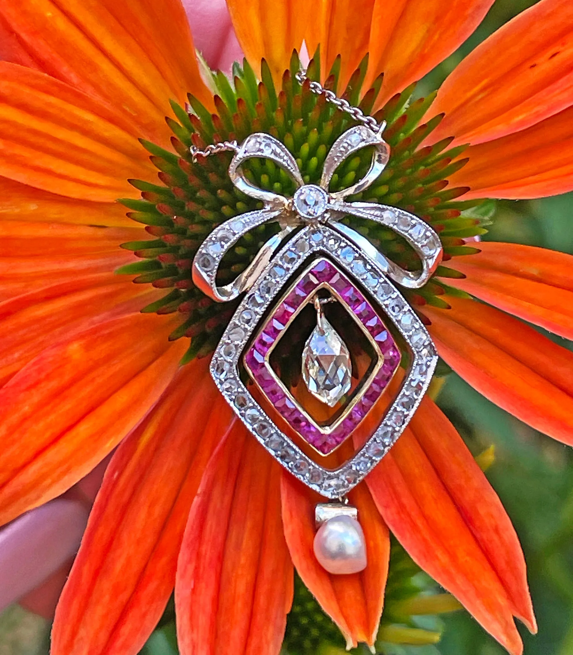 Fine GIA Natural Saltwater Pearl Ruby & Diamond Antique Edwardian Belle Époque Bow LAVALIÈRE Platinum Gold Necklace
