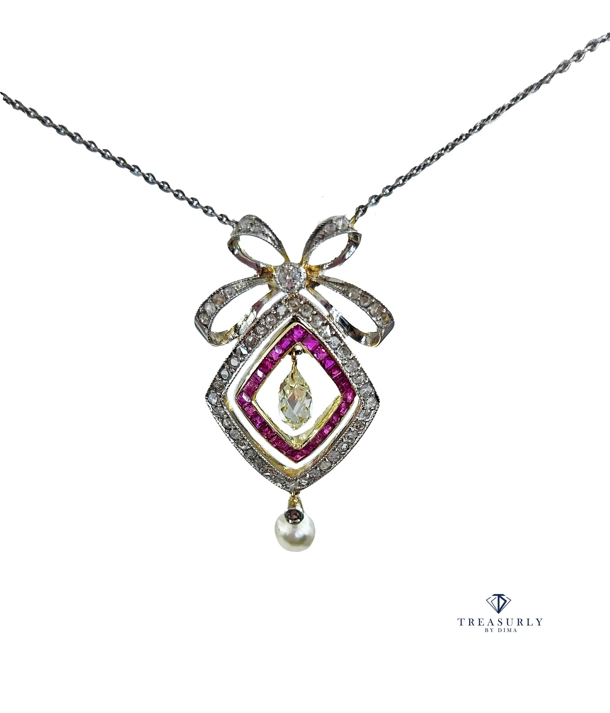 Fine GIA Natural Saltwater Pearl Ruby & Diamond Antique Edwardian Belle Époque Bow LAVALIÈRE Platinum Gold Necklace