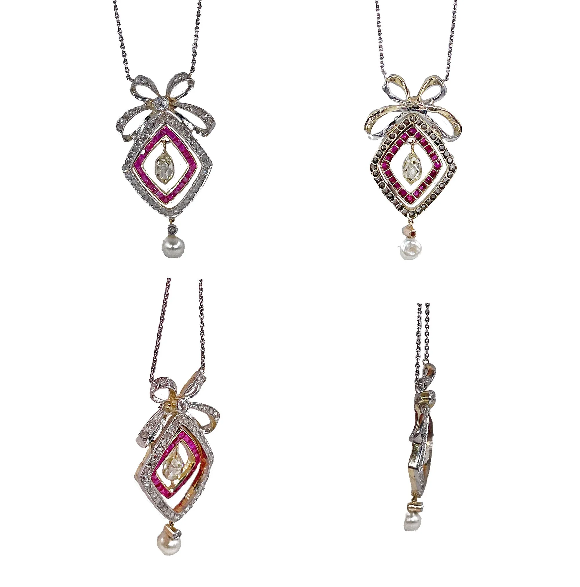 Fine GIA Natural Saltwater Pearl Ruby & Diamond Antique Edwardian Belle Époque Bow LAVALIÈRE Platinum Gold Necklace