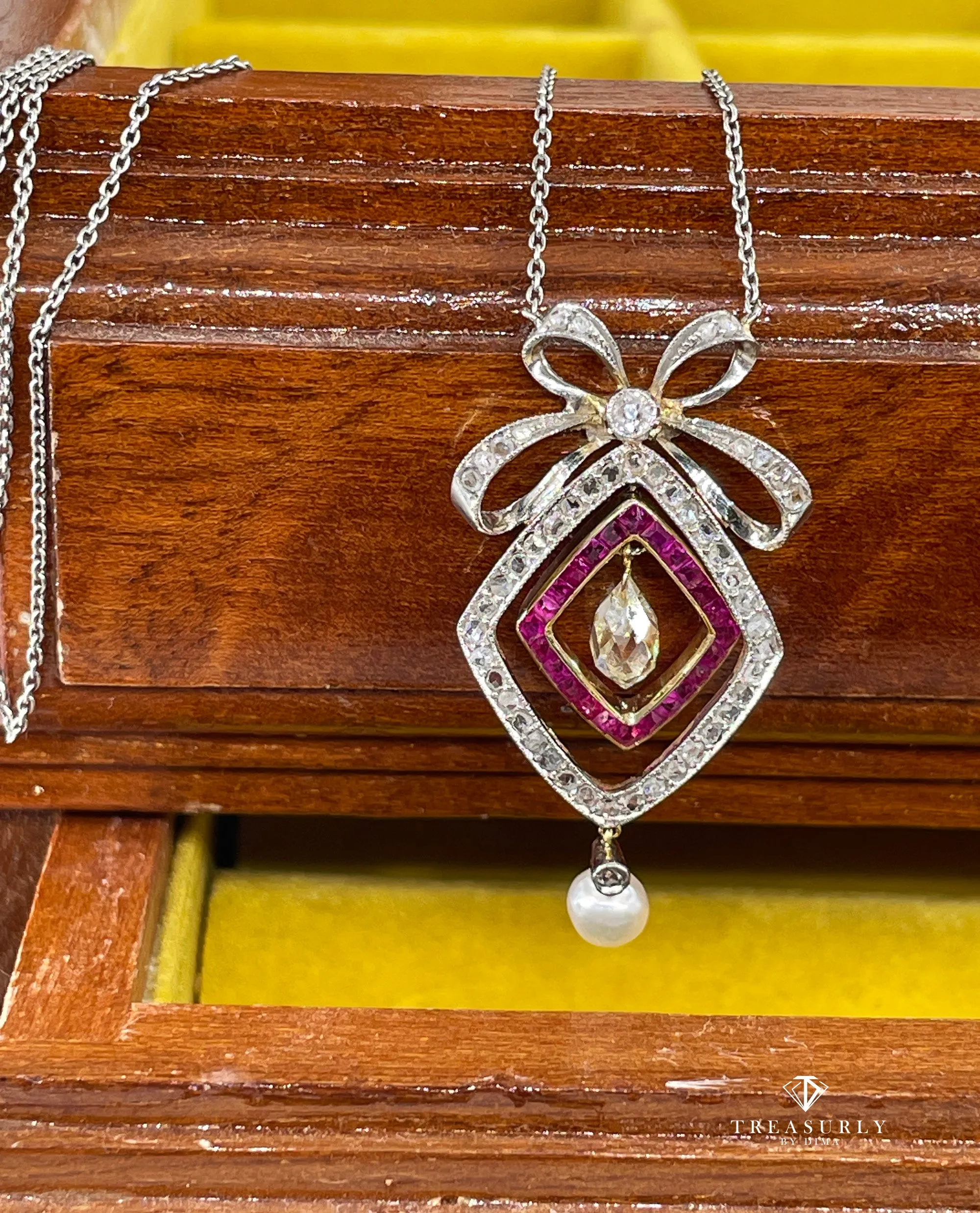 Fine GIA Natural Saltwater Pearl Ruby & Diamond Antique Edwardian Belle Époque Bow LAVALIÈRE Platinum Gold Necklace