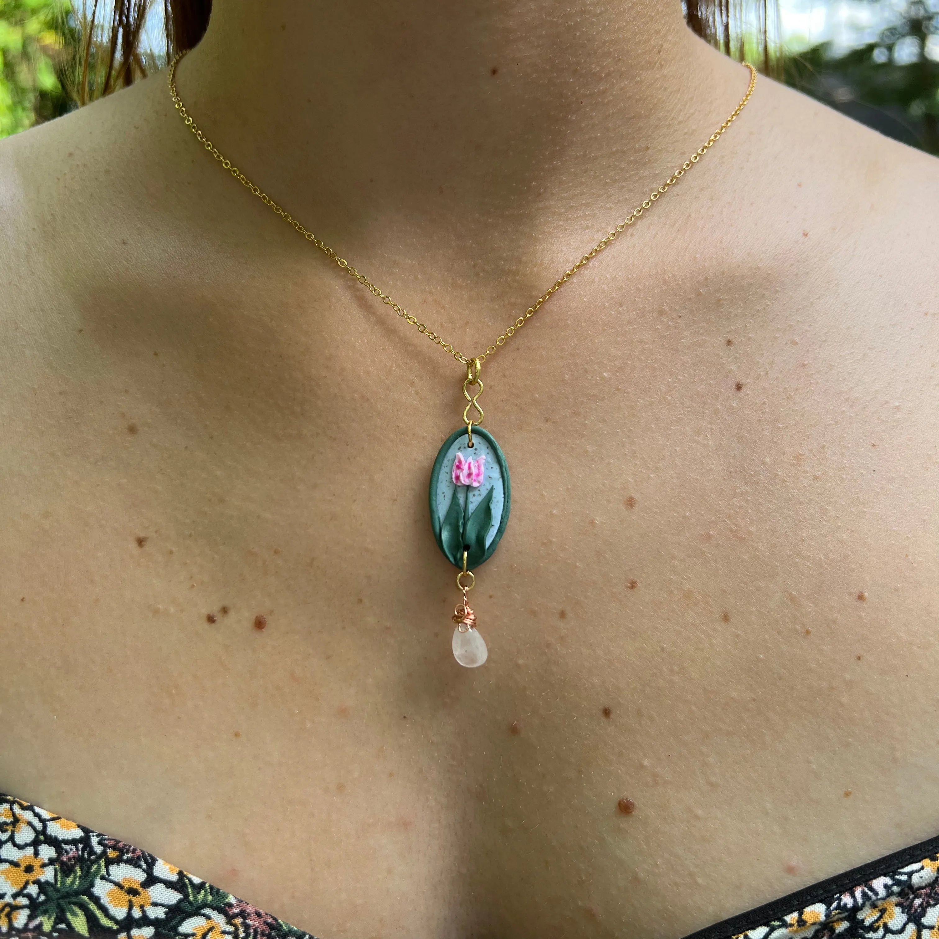Framed Tulip and Rose Quartz Necklace - Ready to Ship