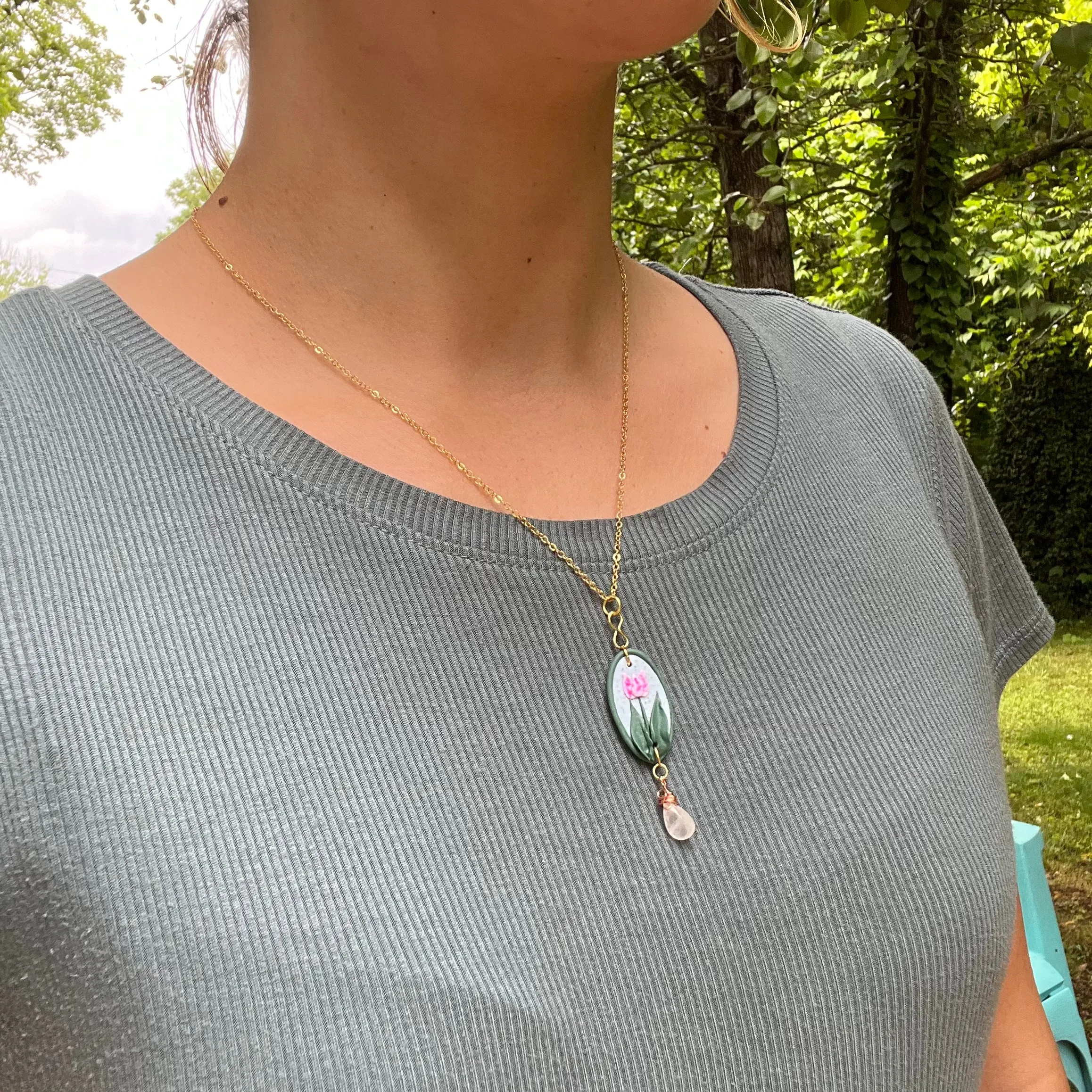 Framed Tulip and Rose Quartz Necklace - Ready to Ship