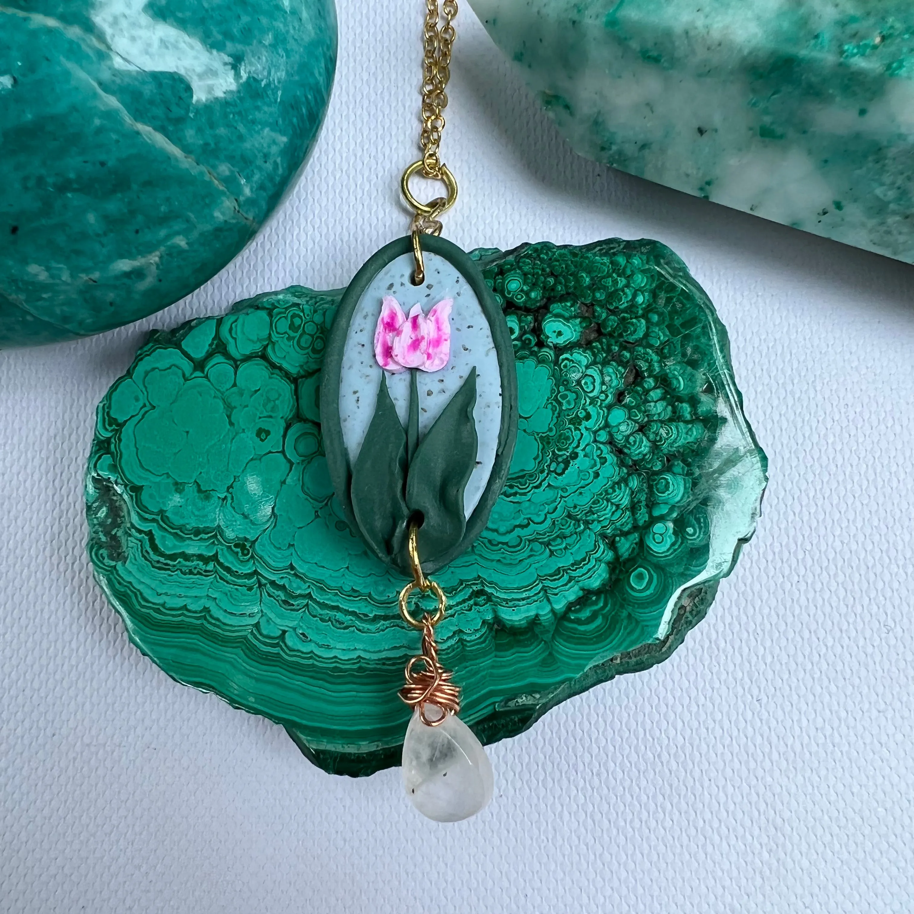 Framed Tulip and Rose Quartz Necklace - Ready to Ship
