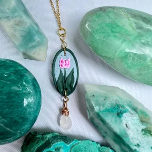 Framed Tulip and Rose Quartz Necklace - Ready to Ship